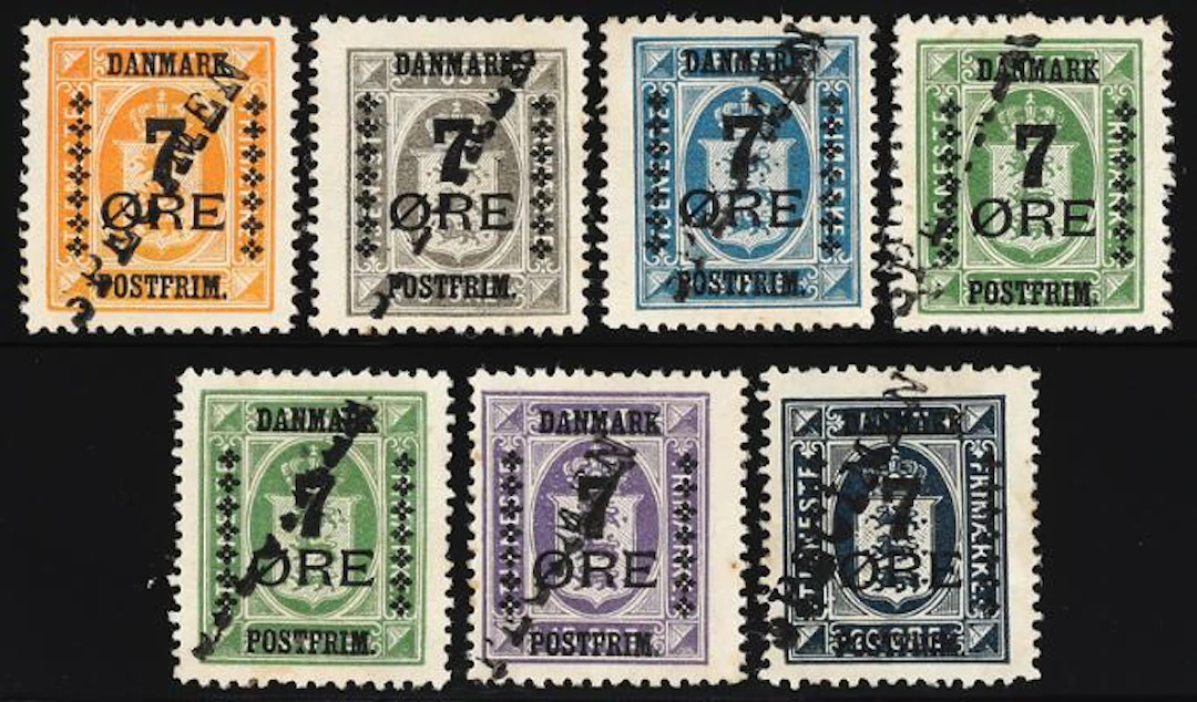1926. Surcharges. 7 Øre. Complete set with SPECIMEN overprint. Mint