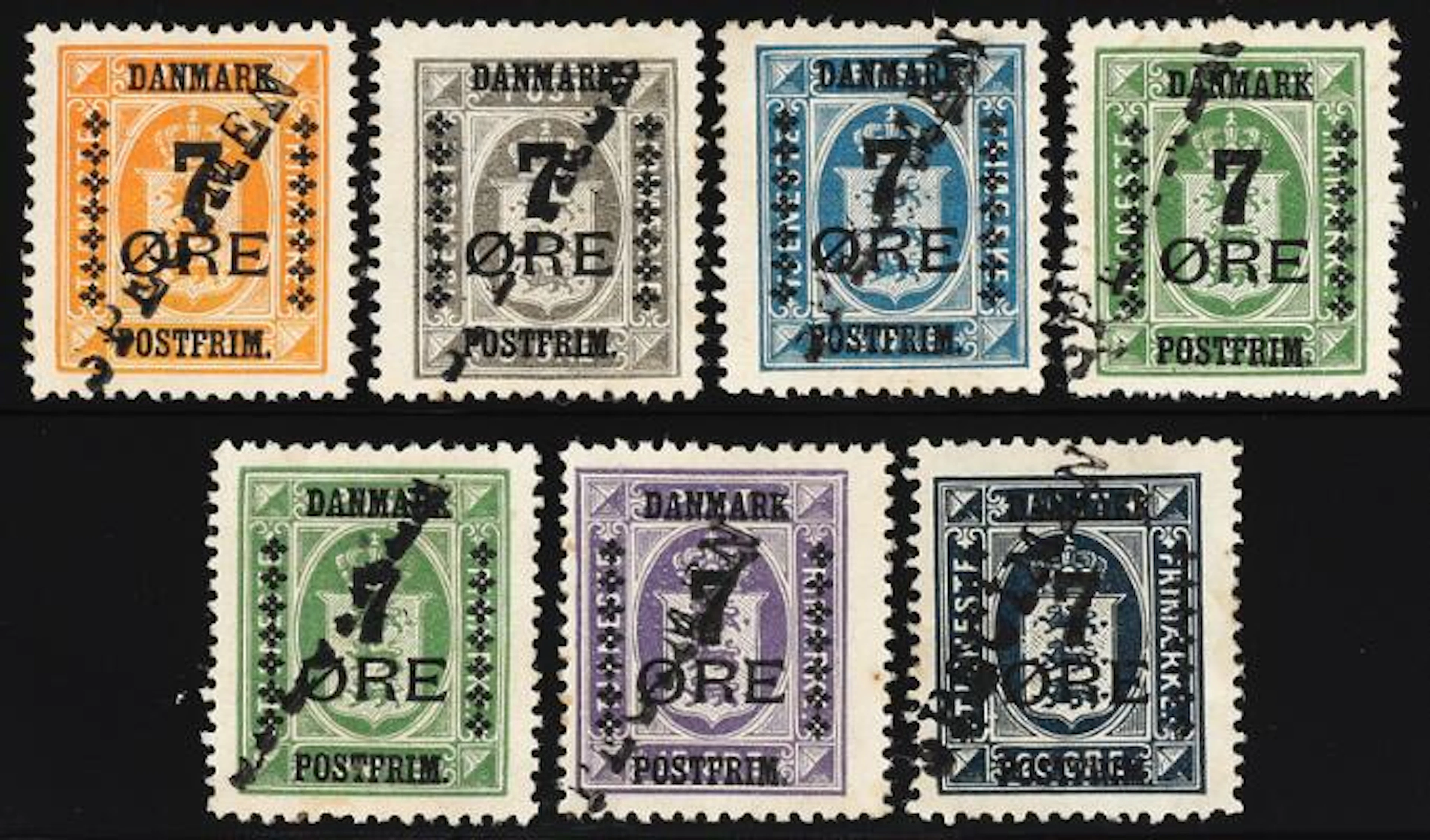 1926. Surcharges. 7 Øre. Complete set with SPECIMEN overprint. Mint