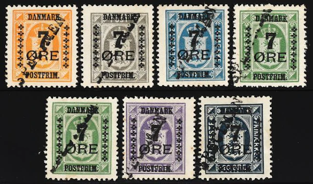 1926. Surcharges. 7 Øre. Complete set with SPECIMEN overprint. Mint