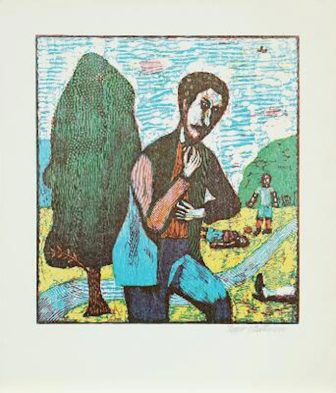 Seppo Mattinen: Three compositions. All signed. Woodcut in colours.
