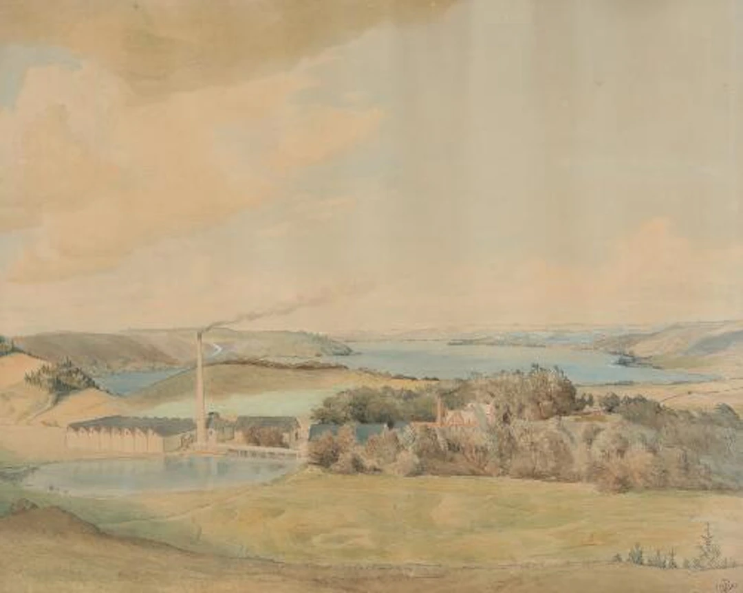 Christian Berthelsen: Landscape by a factory. Signed. Watercolour