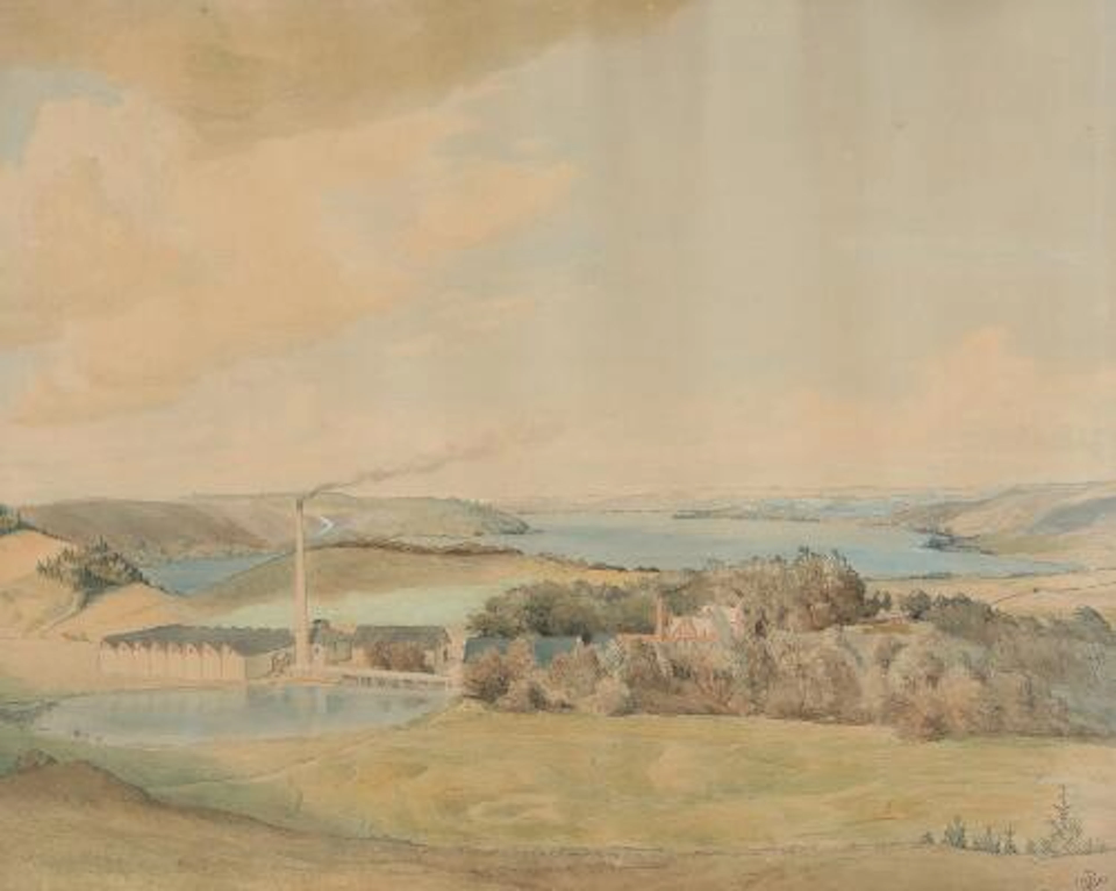 Christian Berthelsen: Landscape by a factory. Signed. Watercolour