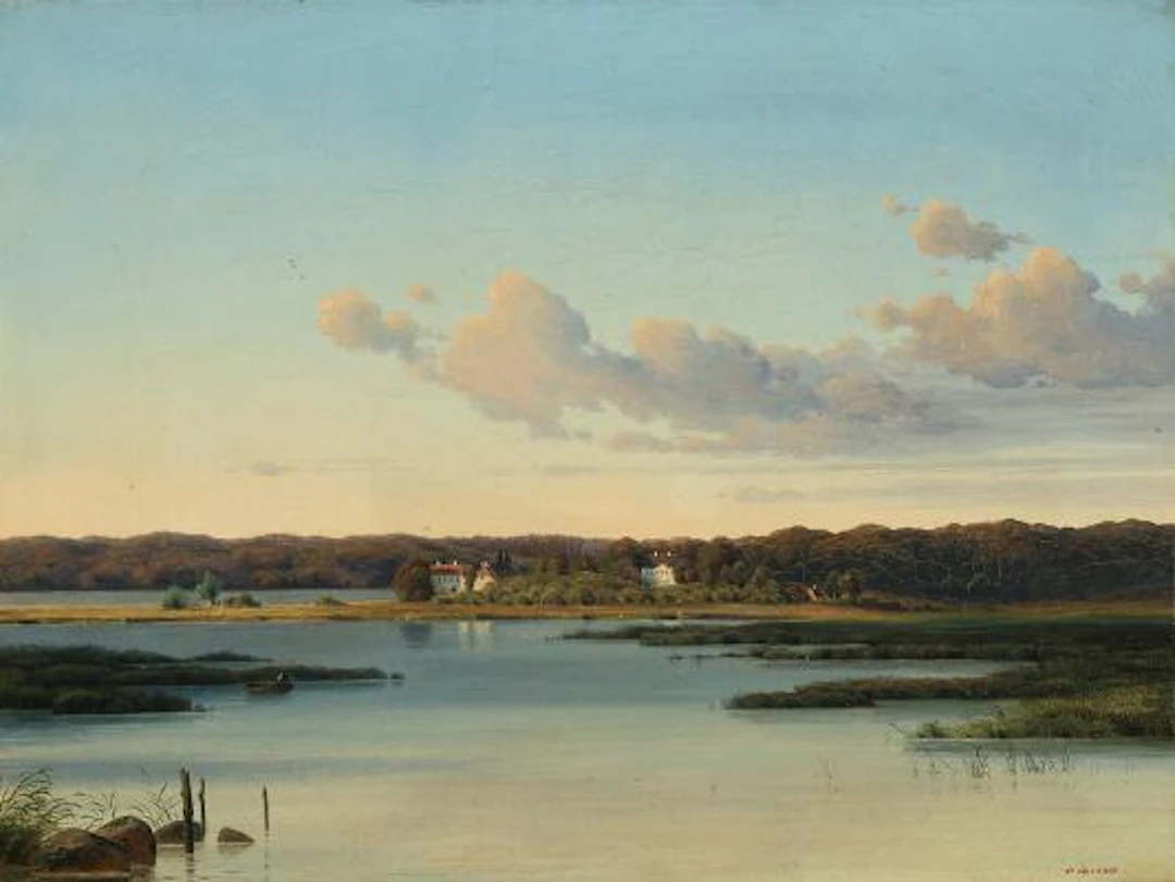 Peter Ølsted: View from a lake shore towards Marienborg Castle. Signed