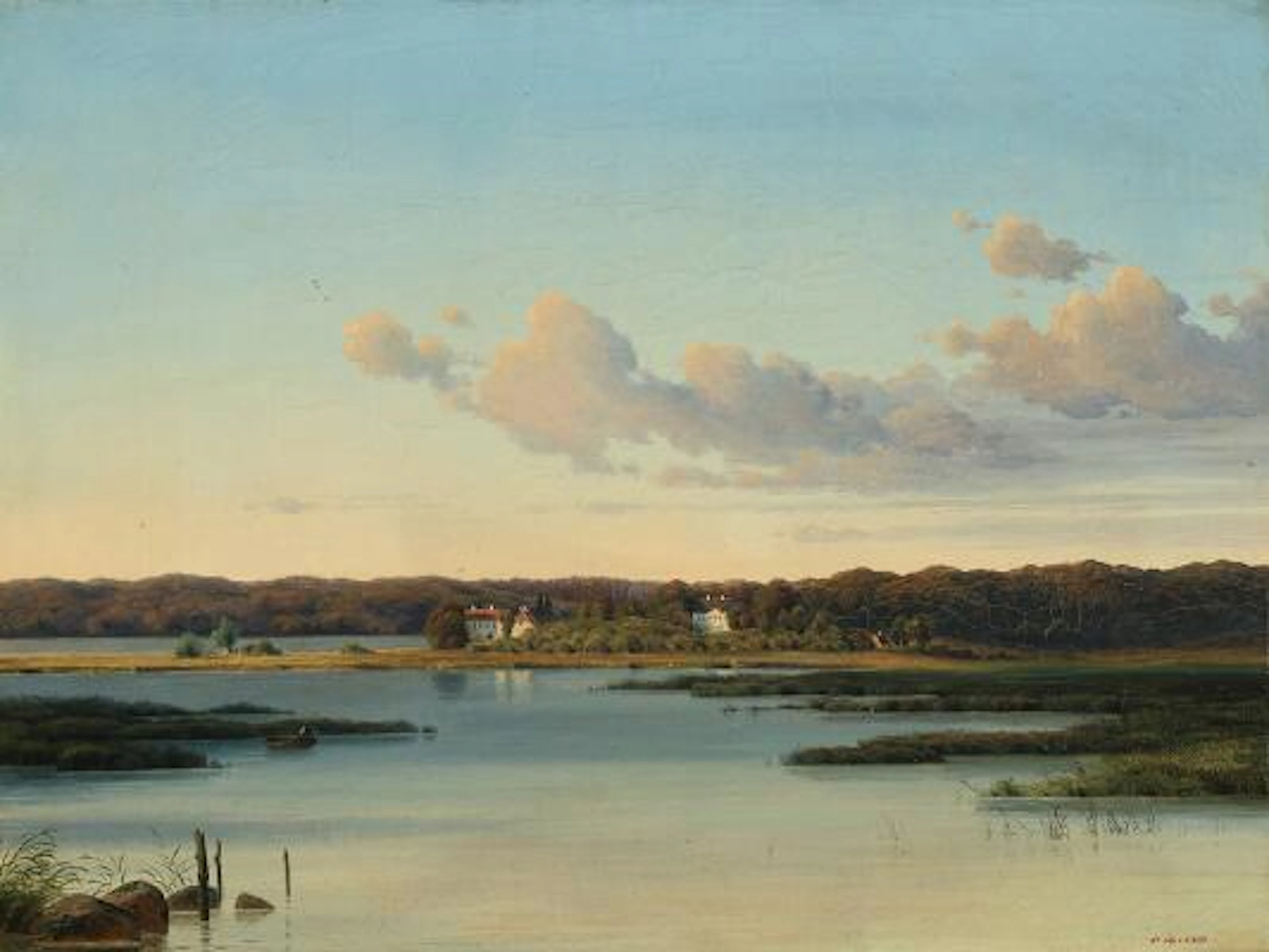 Peter Ølsted: View from a lake shore towards Marienborg Castle. Signed