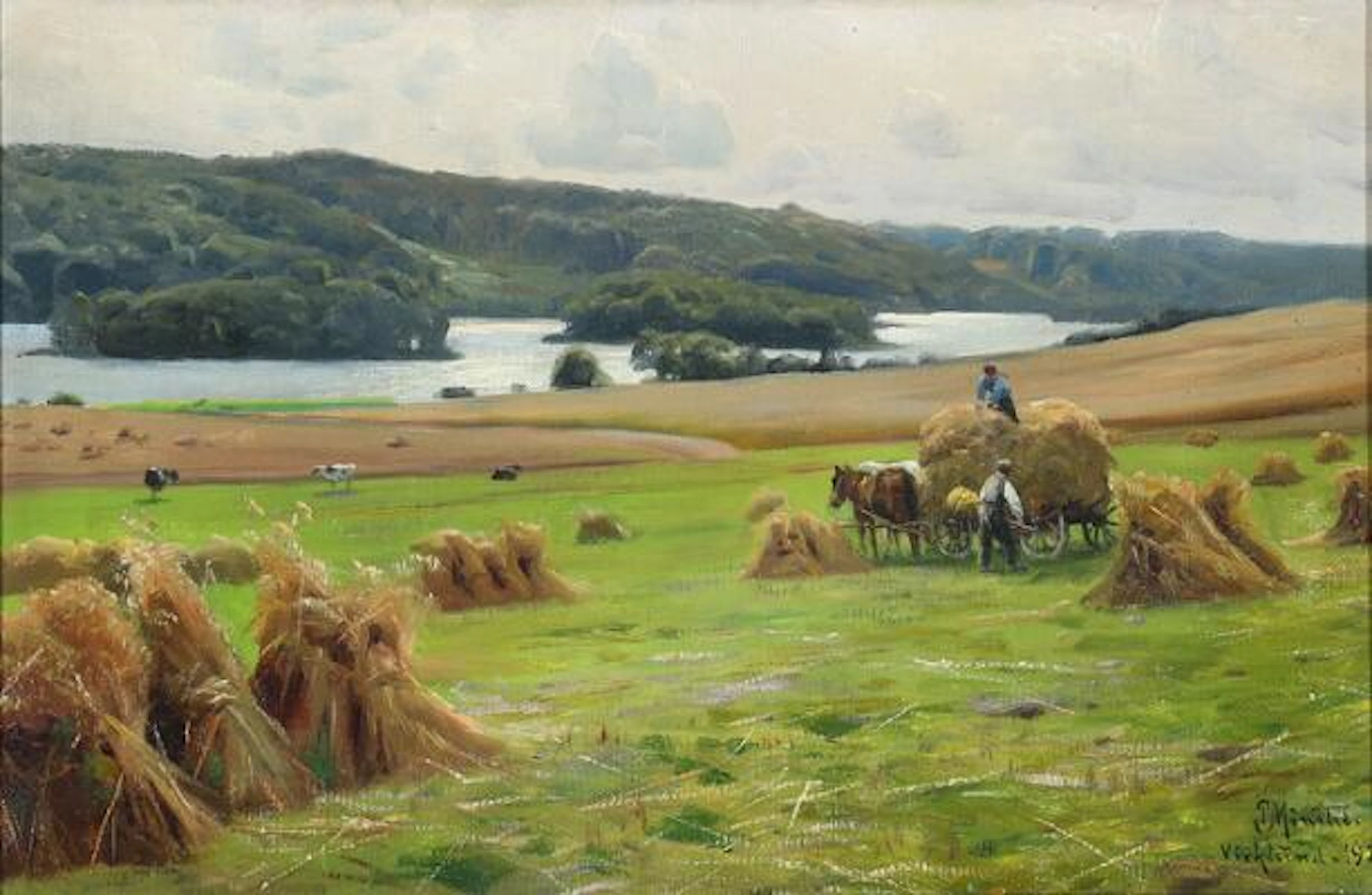 Peder Mønsted: Harvest workers at Virklund. Signed P. Mønsted Virklund