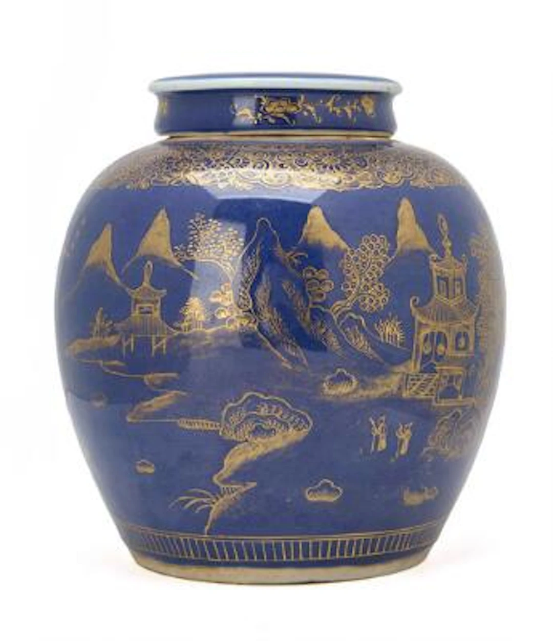 A Chinese powder blue glazed and gilt decorated lidded jar. Qing Dynasty