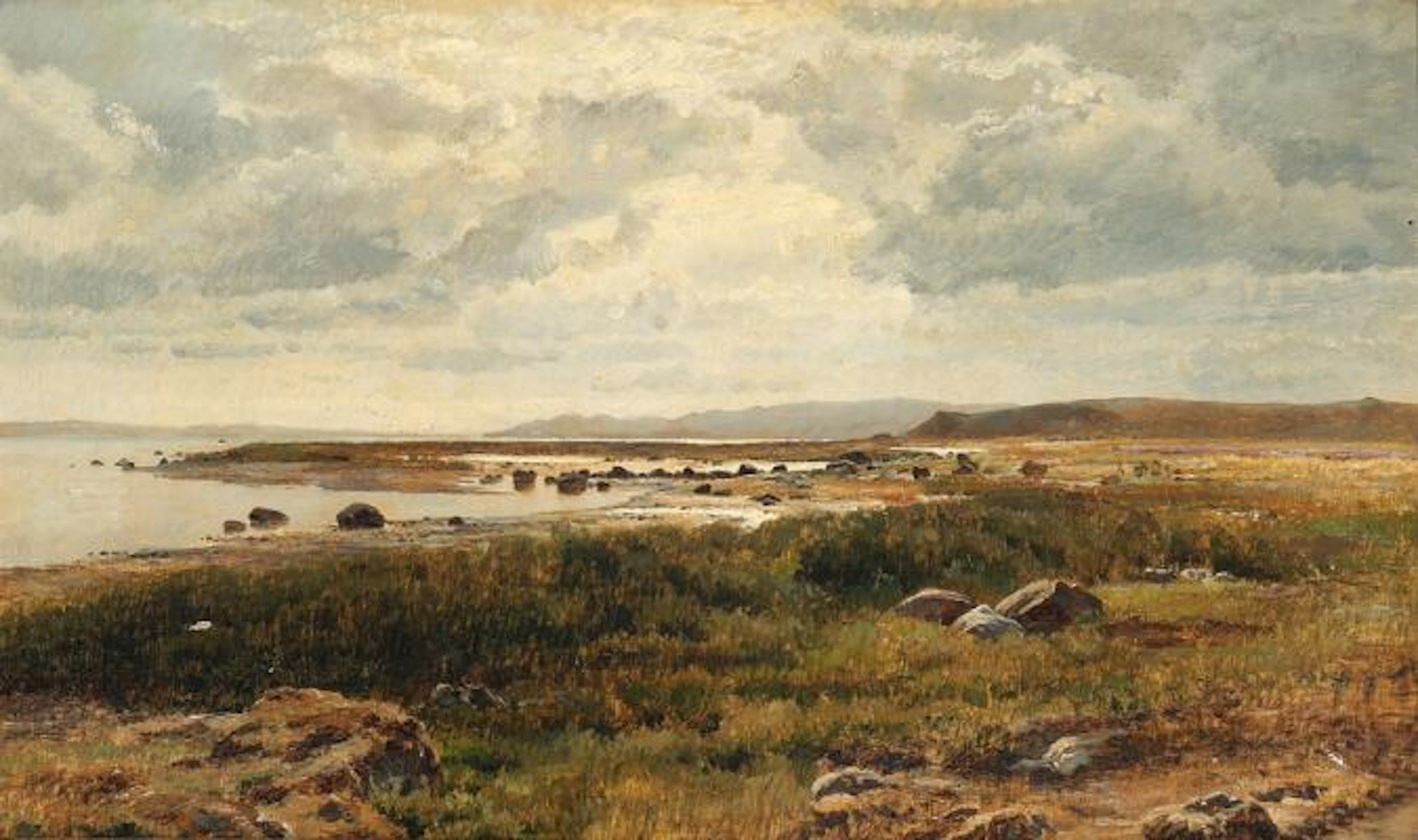 Janus la Cour: A view of a coastline on a quiet day. Unsigned. Oil