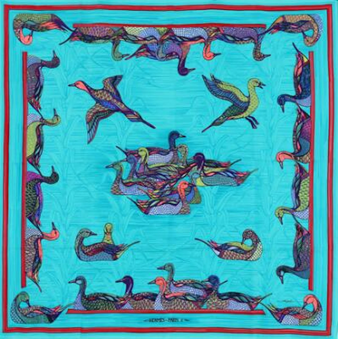 Hermès: A silk scarf with motif "La Mare aux Canards" by Daphné Duchesne.