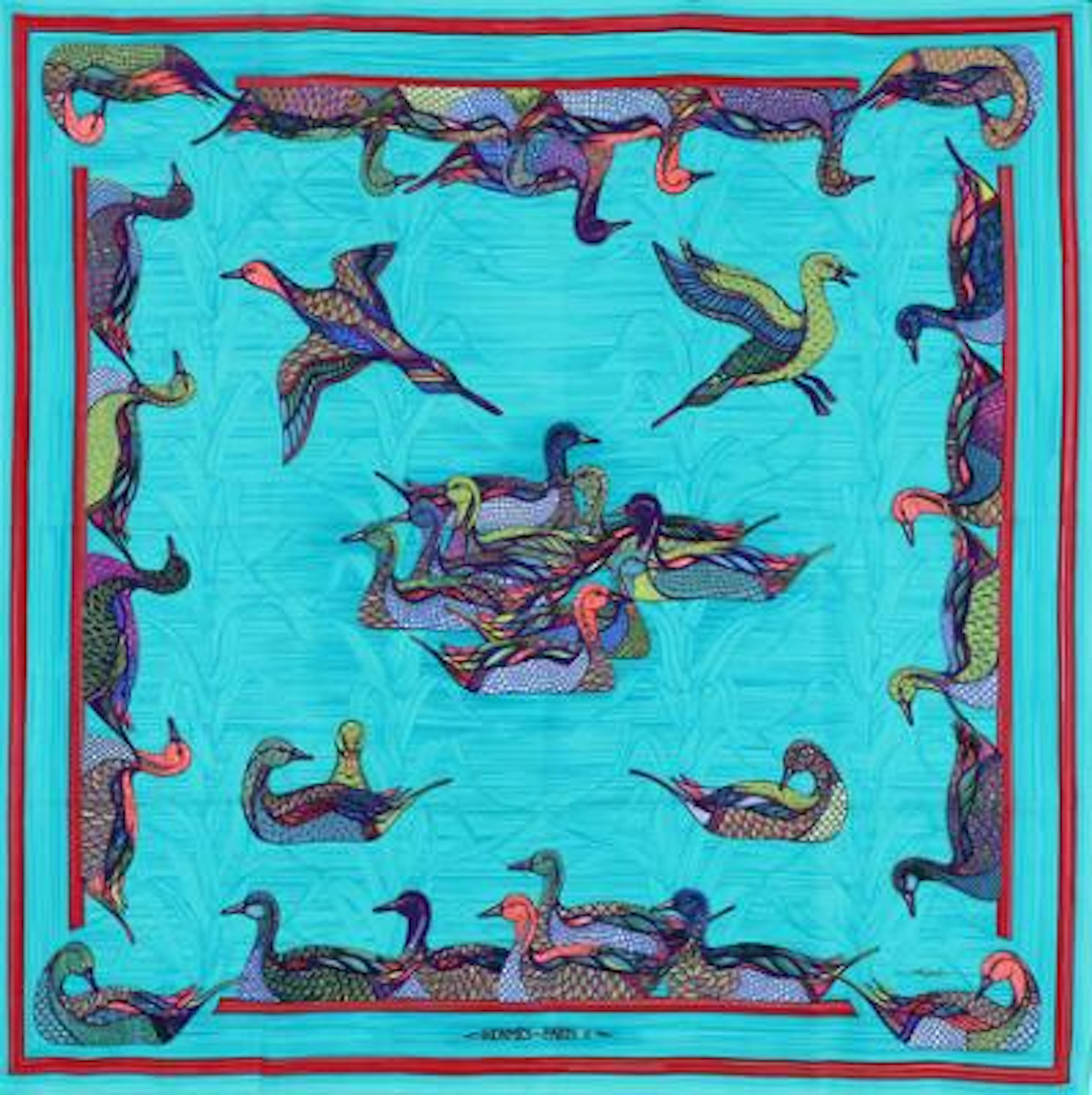 Hermès: A silk scarf with motif "La Mare aux Canards" by Daphné Duchesne.