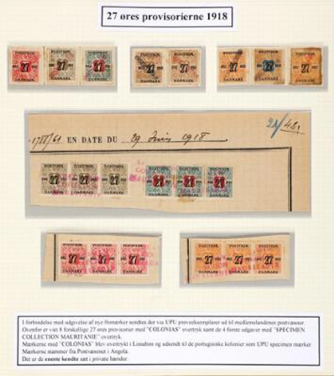 1918. Surcharges. 27 Øre. Albumpage with 8 values overprinted COLONIAS