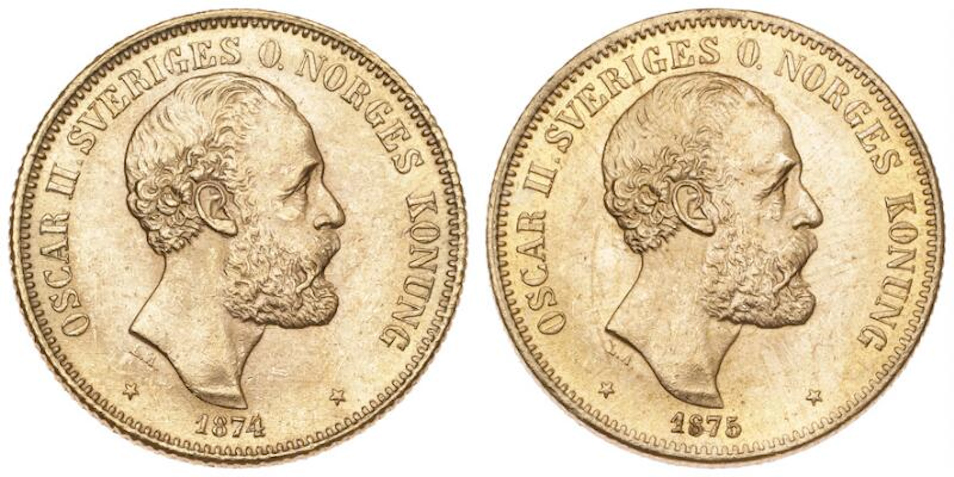 Sweden, Oscar II, 20 kr 1874 and 1875, SM 2 and 3, F 93. (2) – Bruun