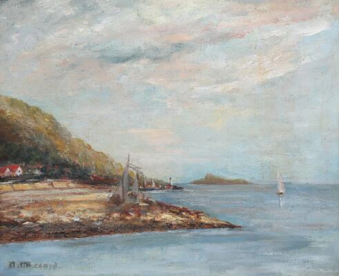 Unknown painter, 20th century.: Maritime coastal landscape. Indistinctly
