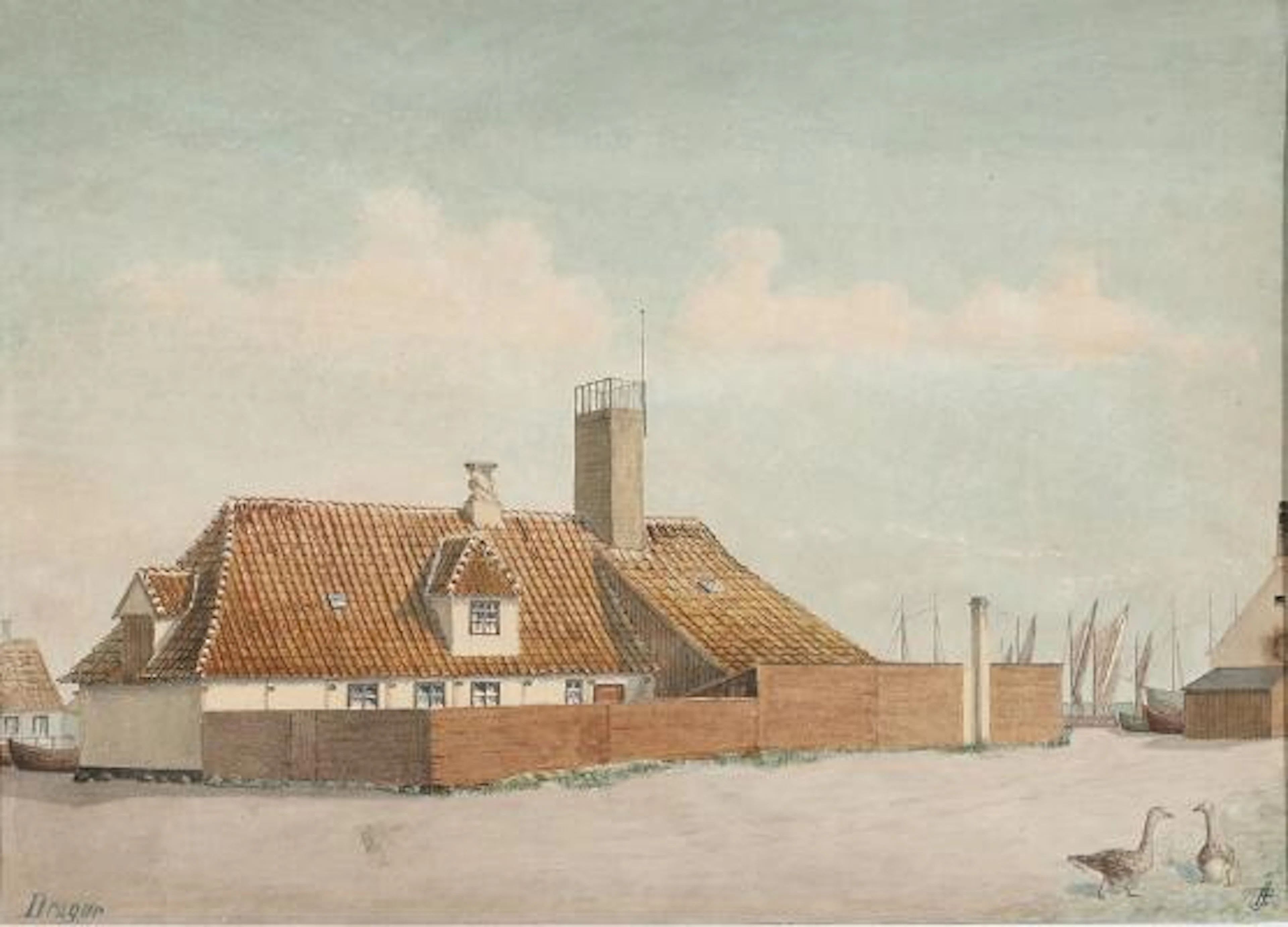 Peter Johansen: View from Dragør Harbour. Signed with monogram. Watercolour