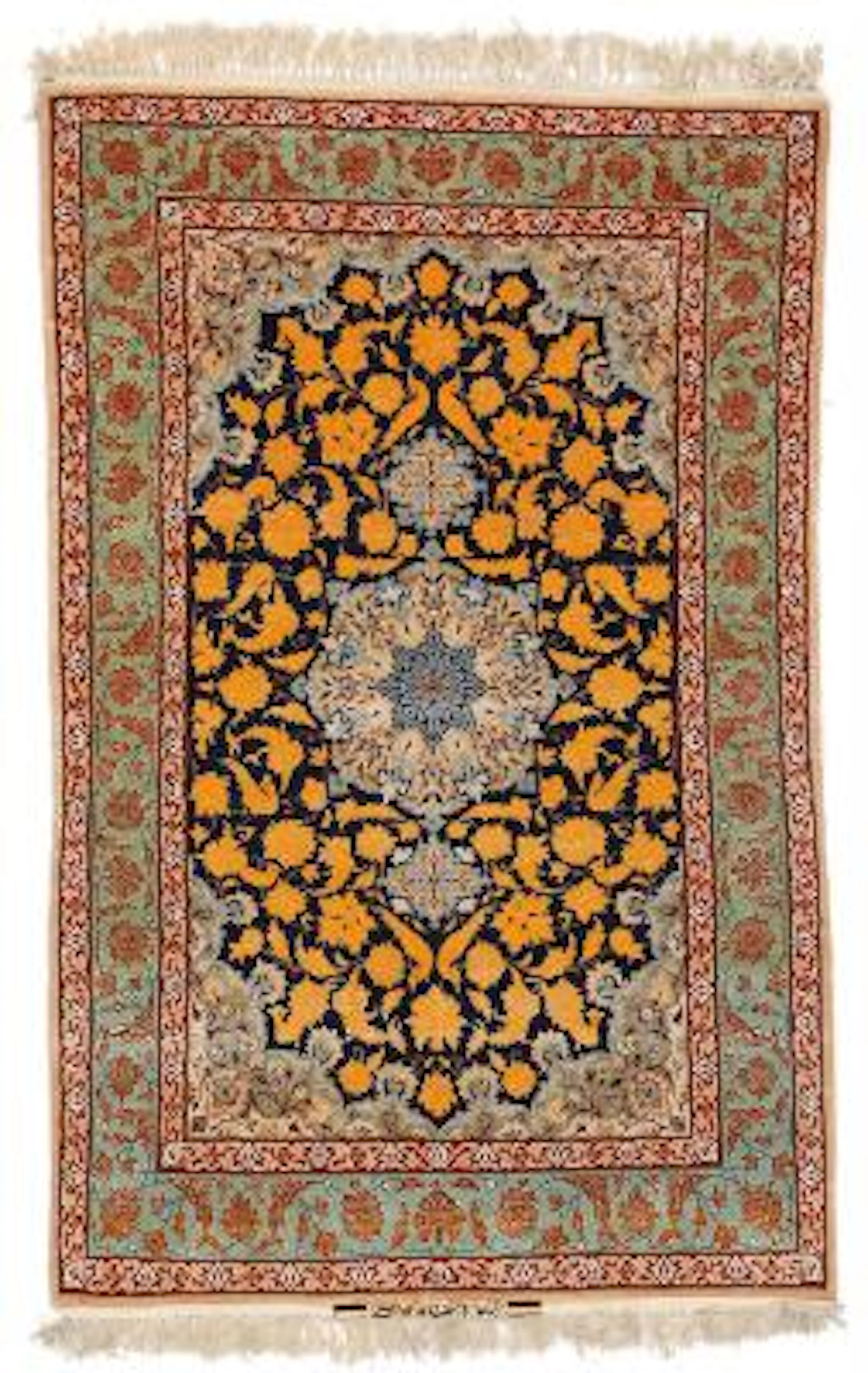 A signed Isfahan rug, Persia. Medallion design. Outlines with silk