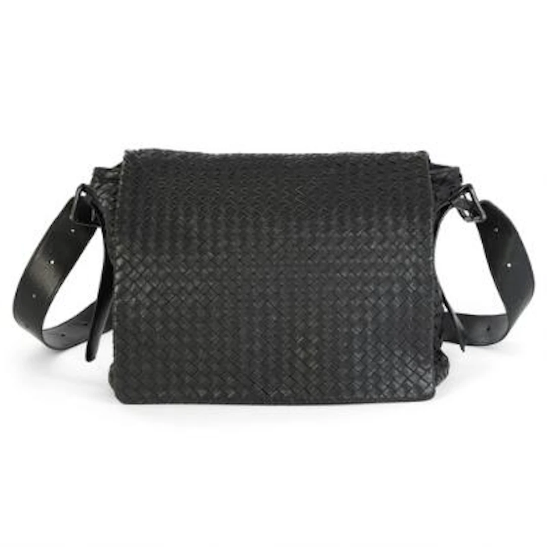 Bottega Veneta: A bag of black woven leather with silver tone hardware
