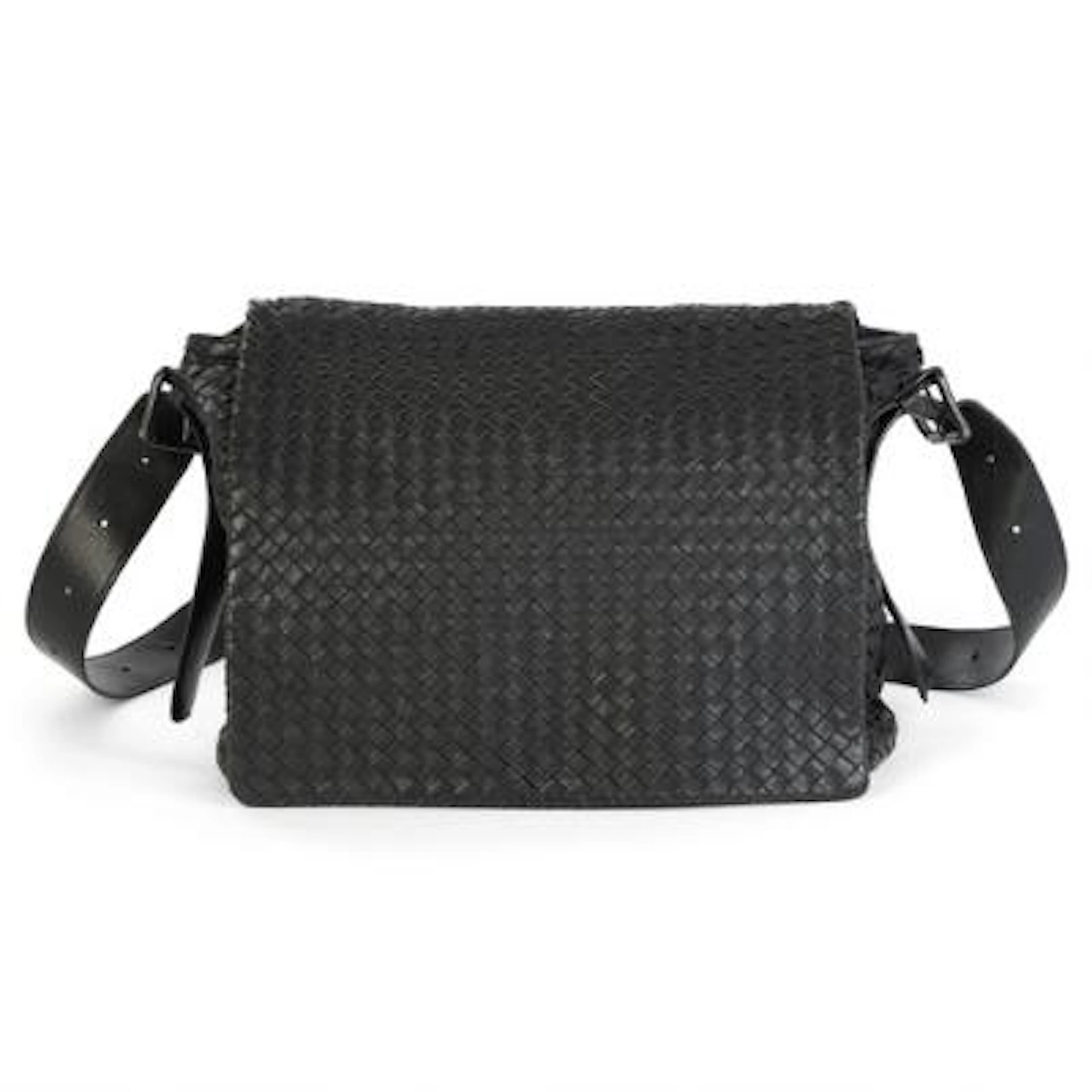 Bottega Veneta: A bag of black woven leather with silver tone hardware