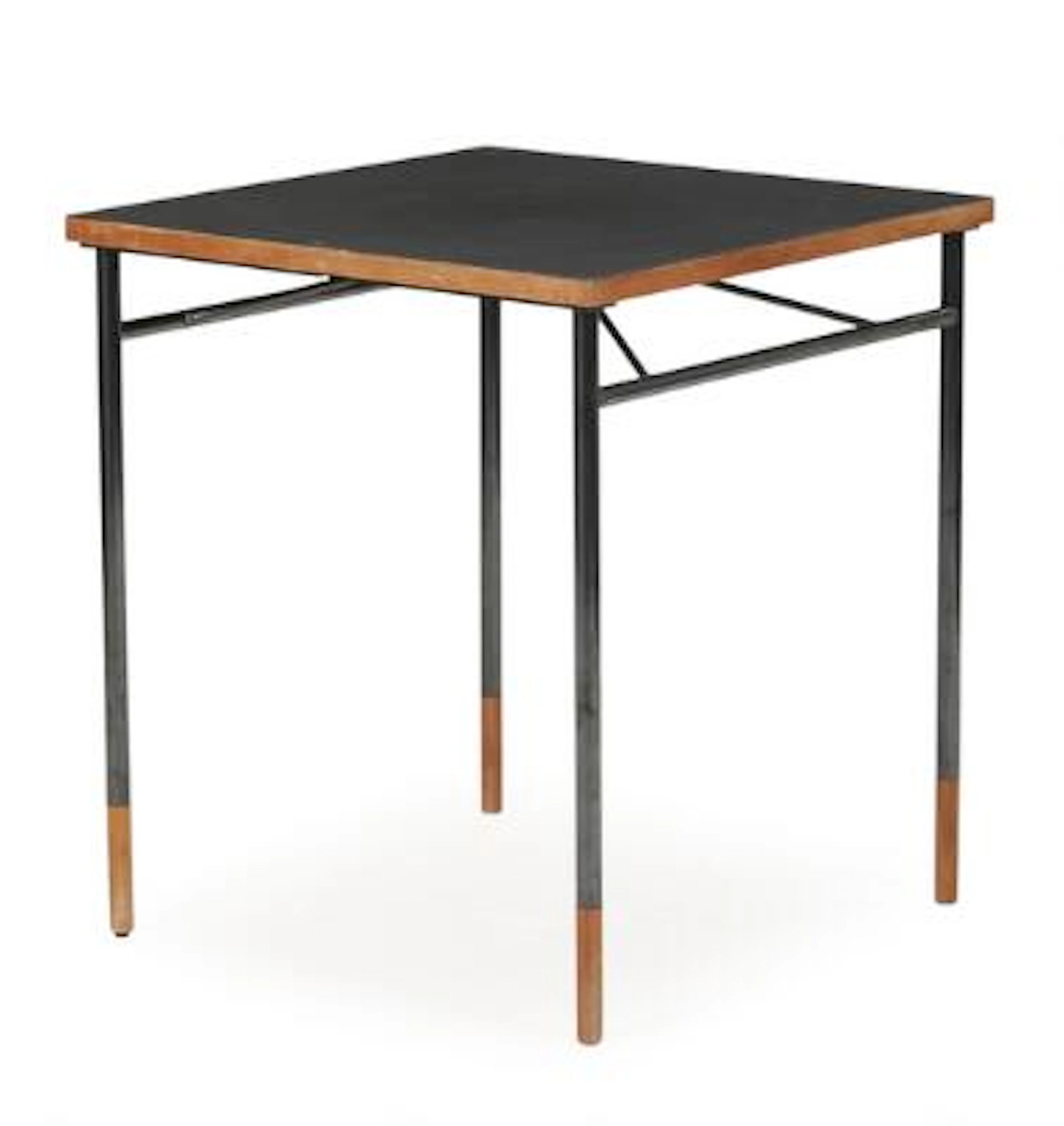 Finn Juhl: Square table with steel frame. Walnut wood "Shoes" and
