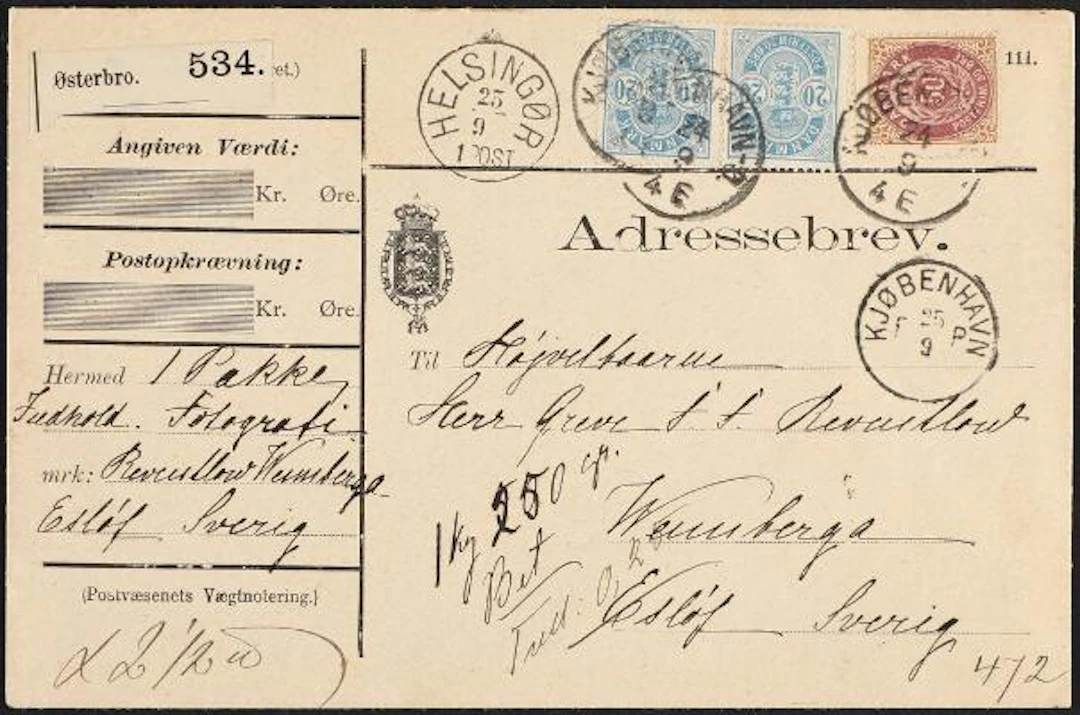 1875-1884. 50 Öre, brown/lilac and pair Arms. 20 Øre, blue. Parcelcover