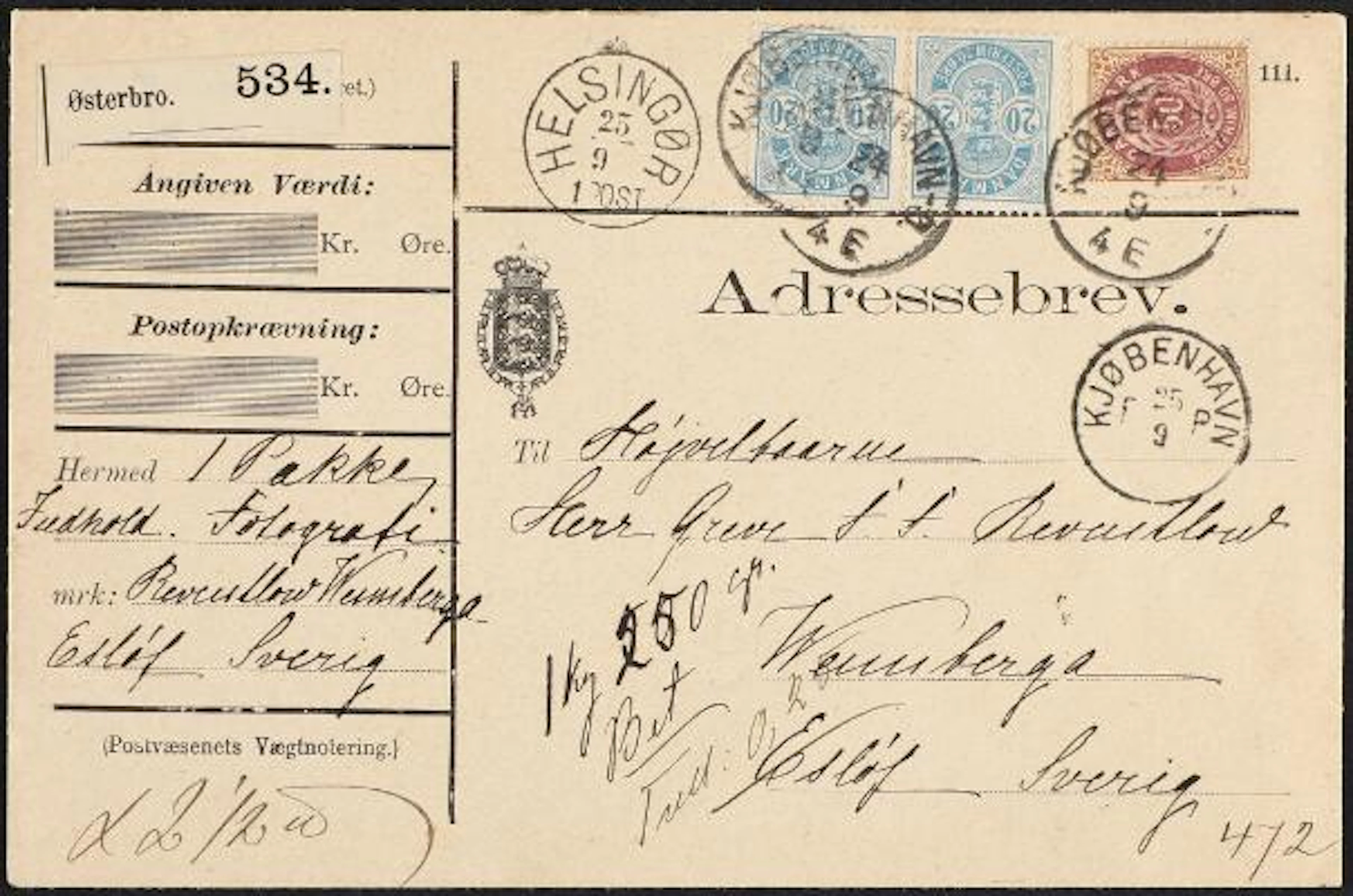 1875-1884. 50 Öre, brown/lilac and pair Arms. 20 Øre, blue. Parcelcover