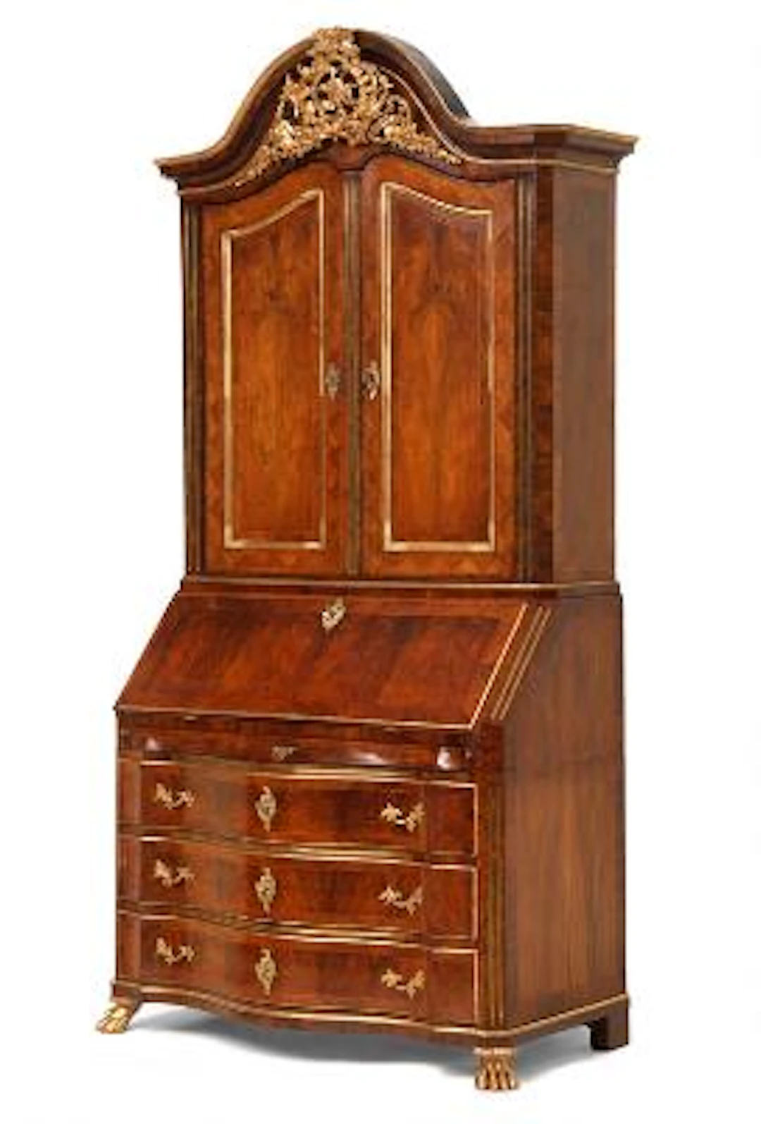 A Danish Rococo walnut and giltwood bureau cabinet. Mid-18th century.
