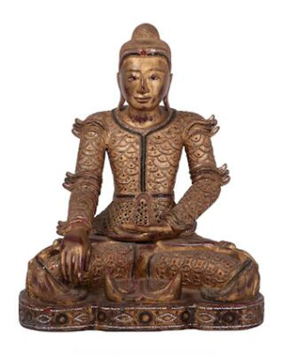Burmese Buddha in lacquered and gilded wood richly decorated with