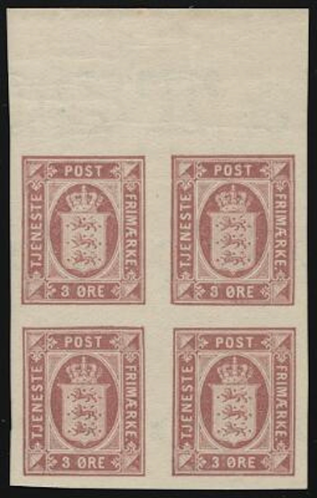1901. 3 øre, lilac, wm.II. IMPERFORATED block of 4 with upper sheet