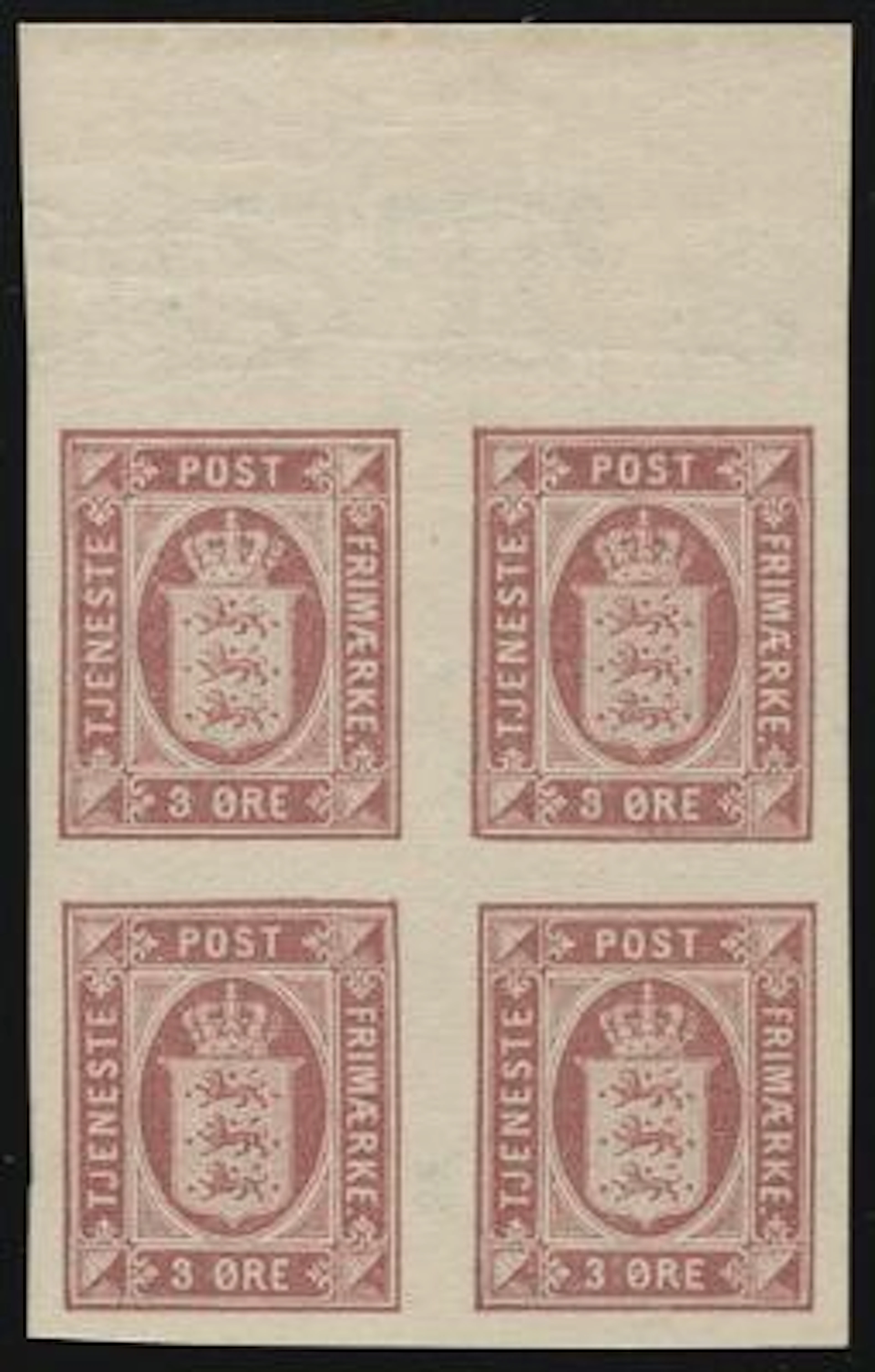 1901. 3 øre, lilac, wm.II. IMPERFORATED block of 4 with upper sheet