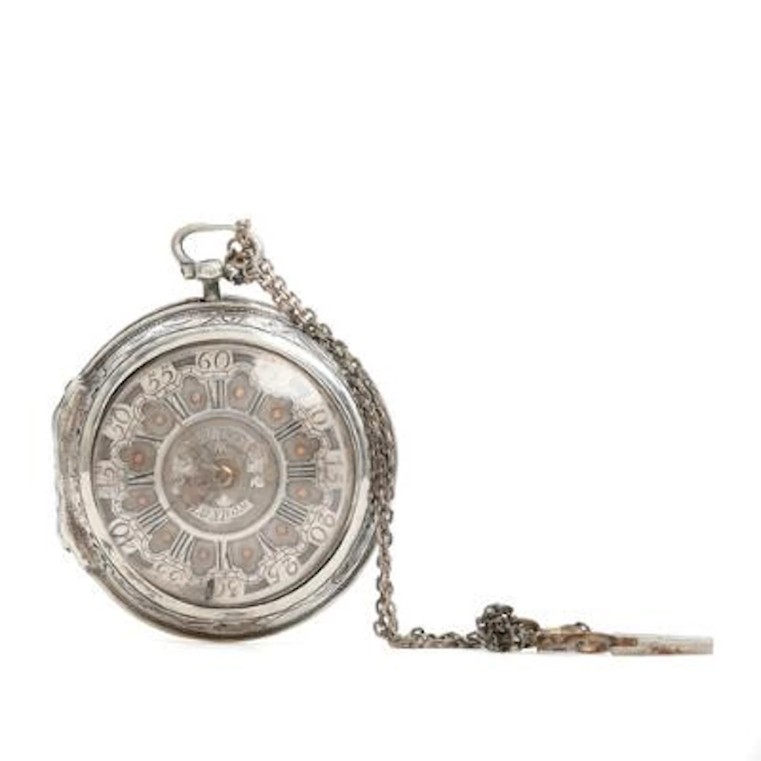 A silver pocket watch with verge escapement and key-winding. circa