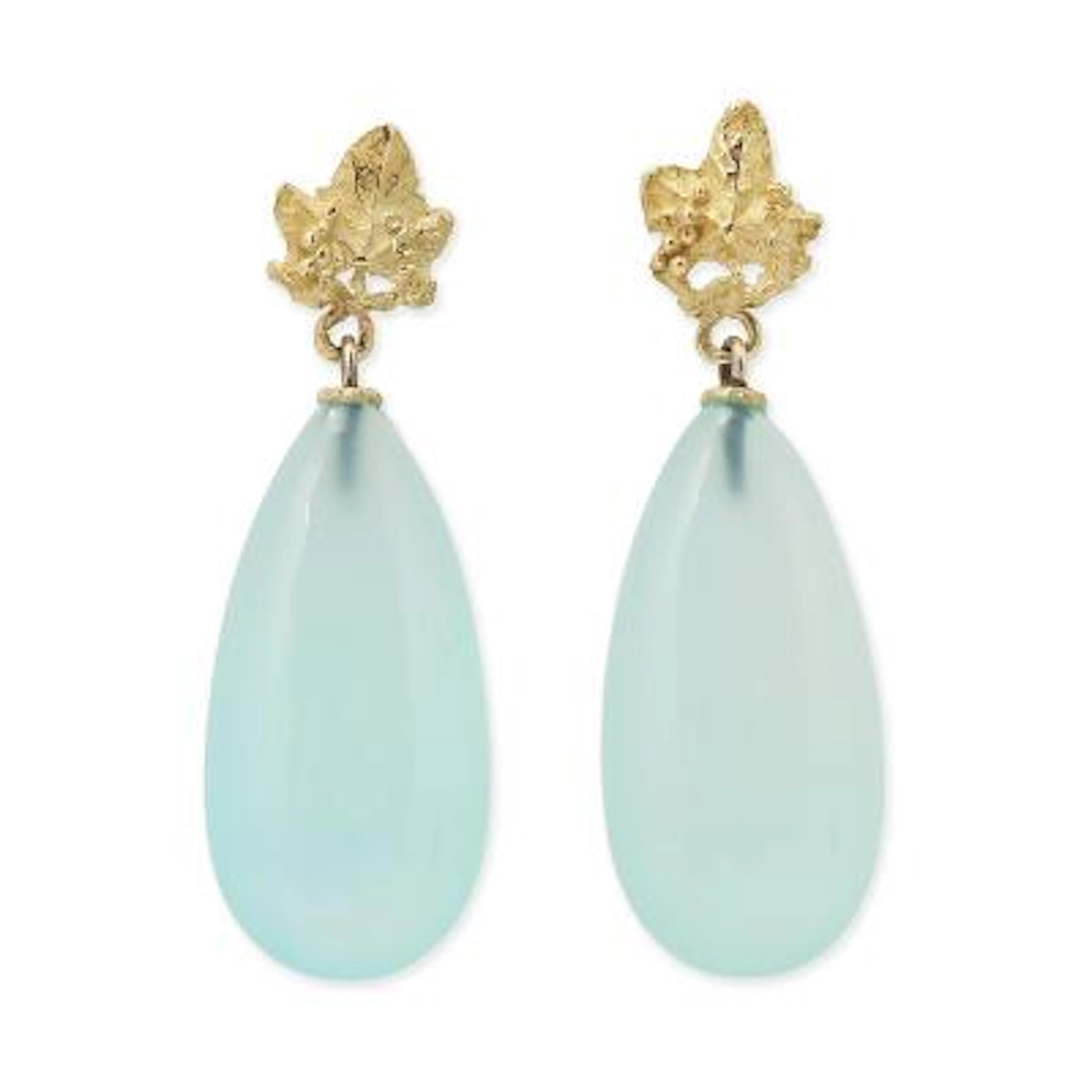 A pair of chalcedony ear pendants set with polished blue chalcedony