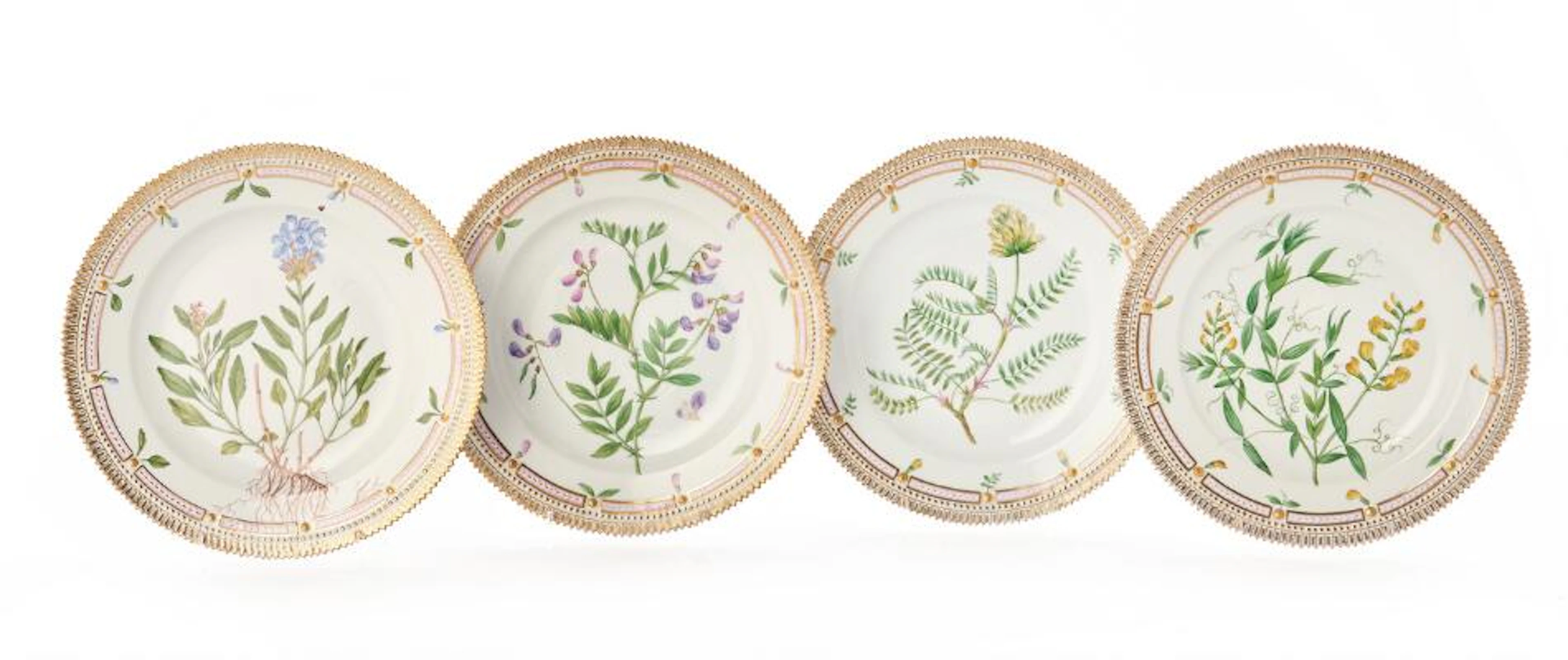 "Flora Danica" four porcelain dinner plates, decorated in colours