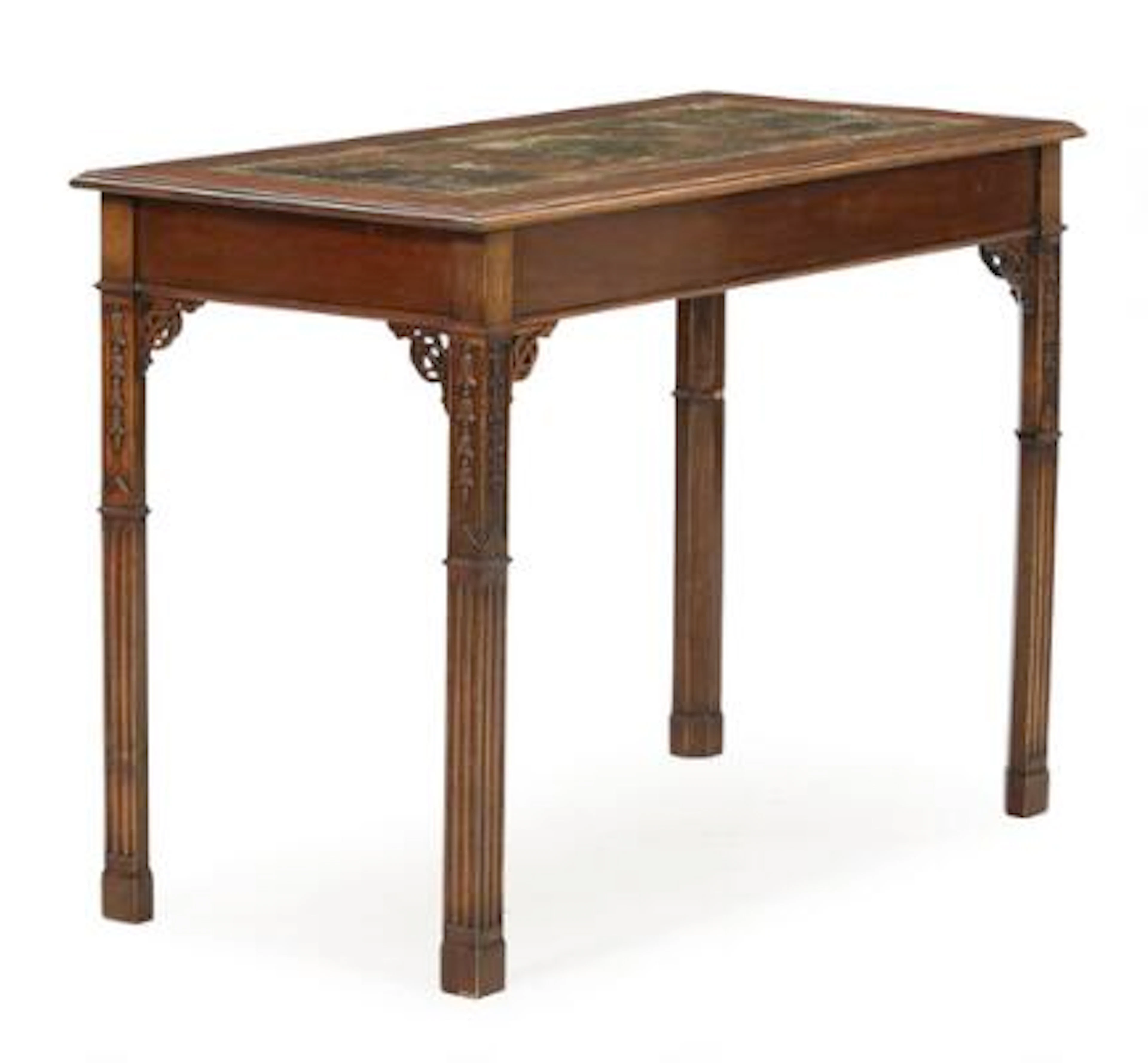 A 20th century mahogany side table, top with leather. Sheraton style.