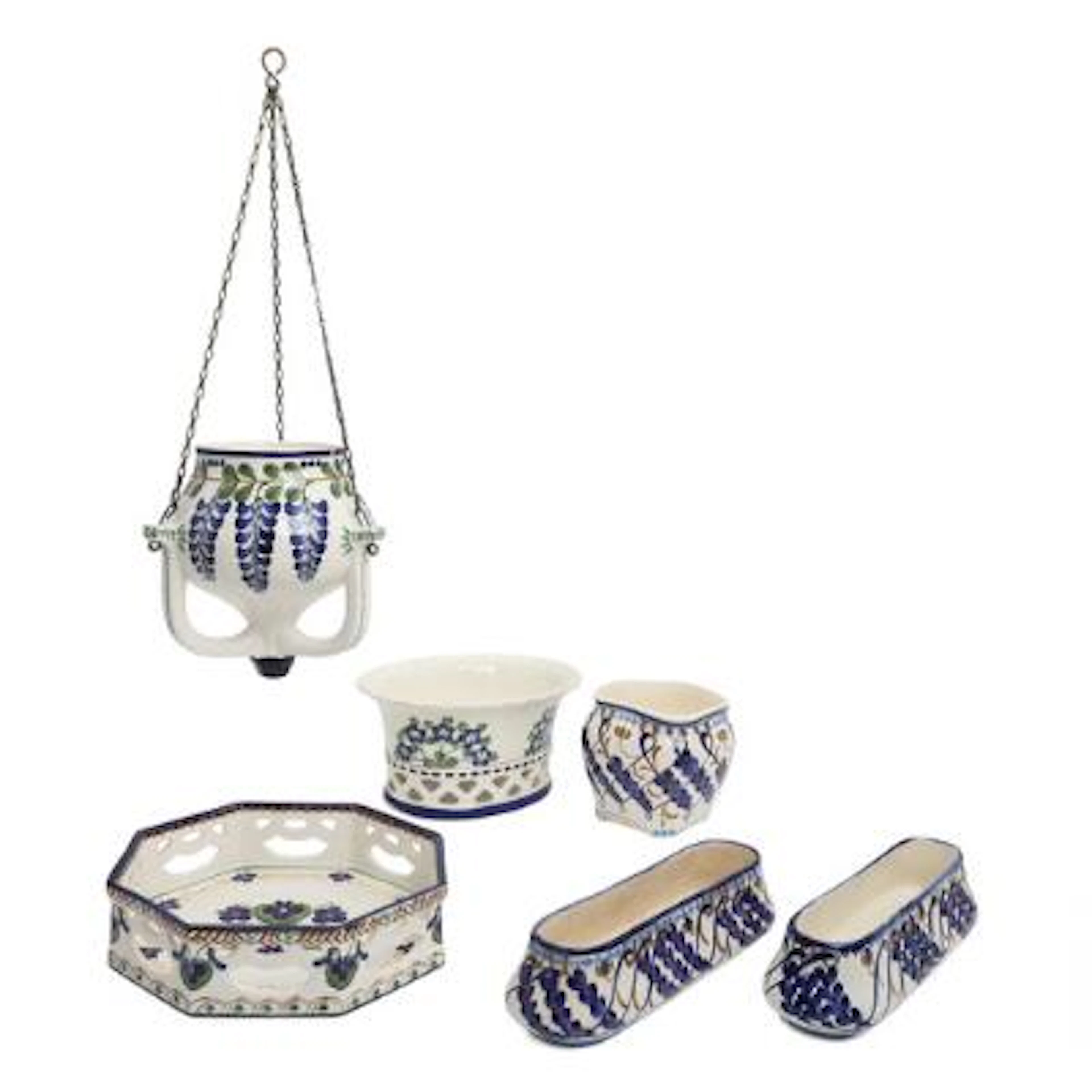 Hanging lamp, planter, two jardinières etc. of faience, decorated