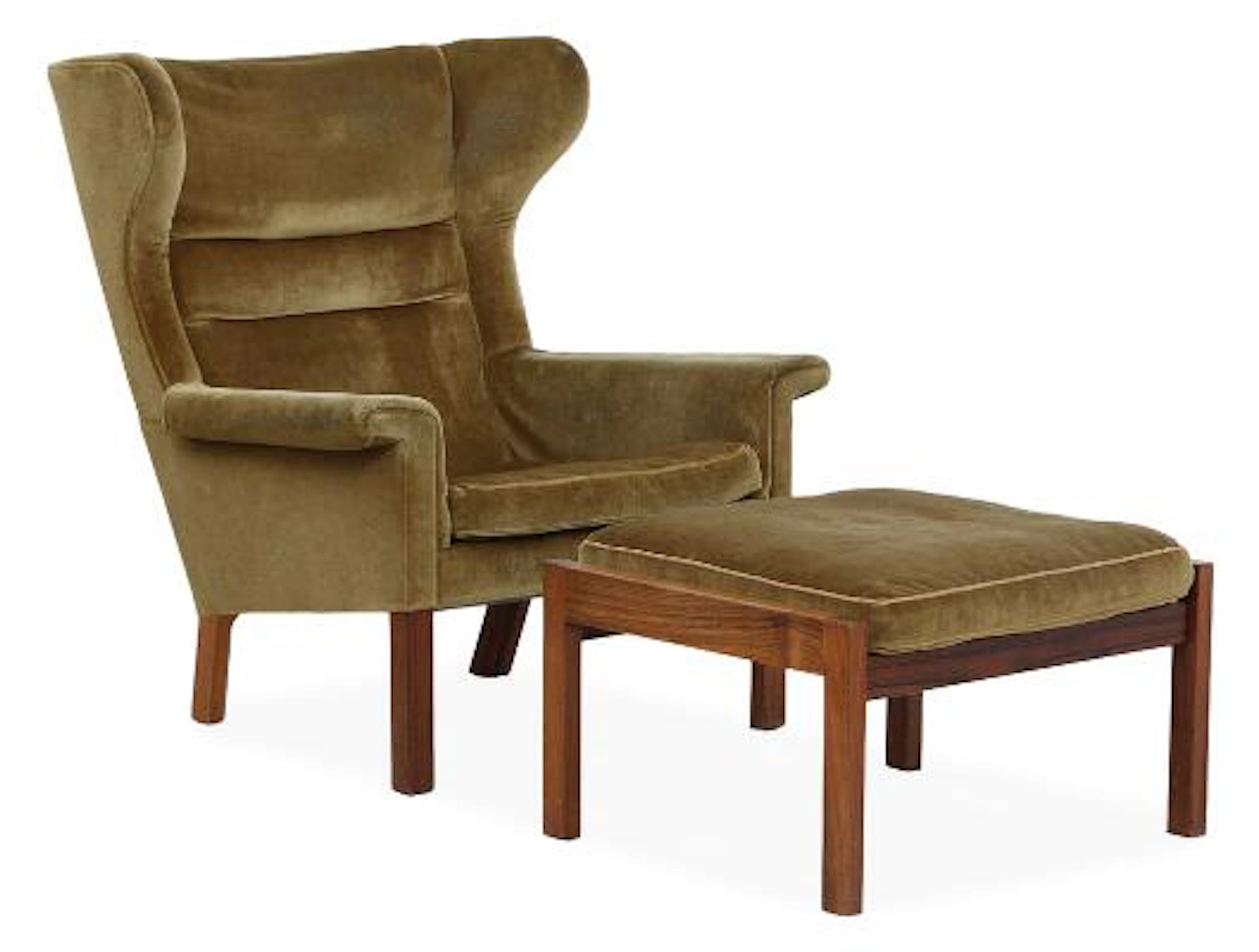 Hans J. Wegner: "AP 65". Ear flap chair and footstool in rosewood.