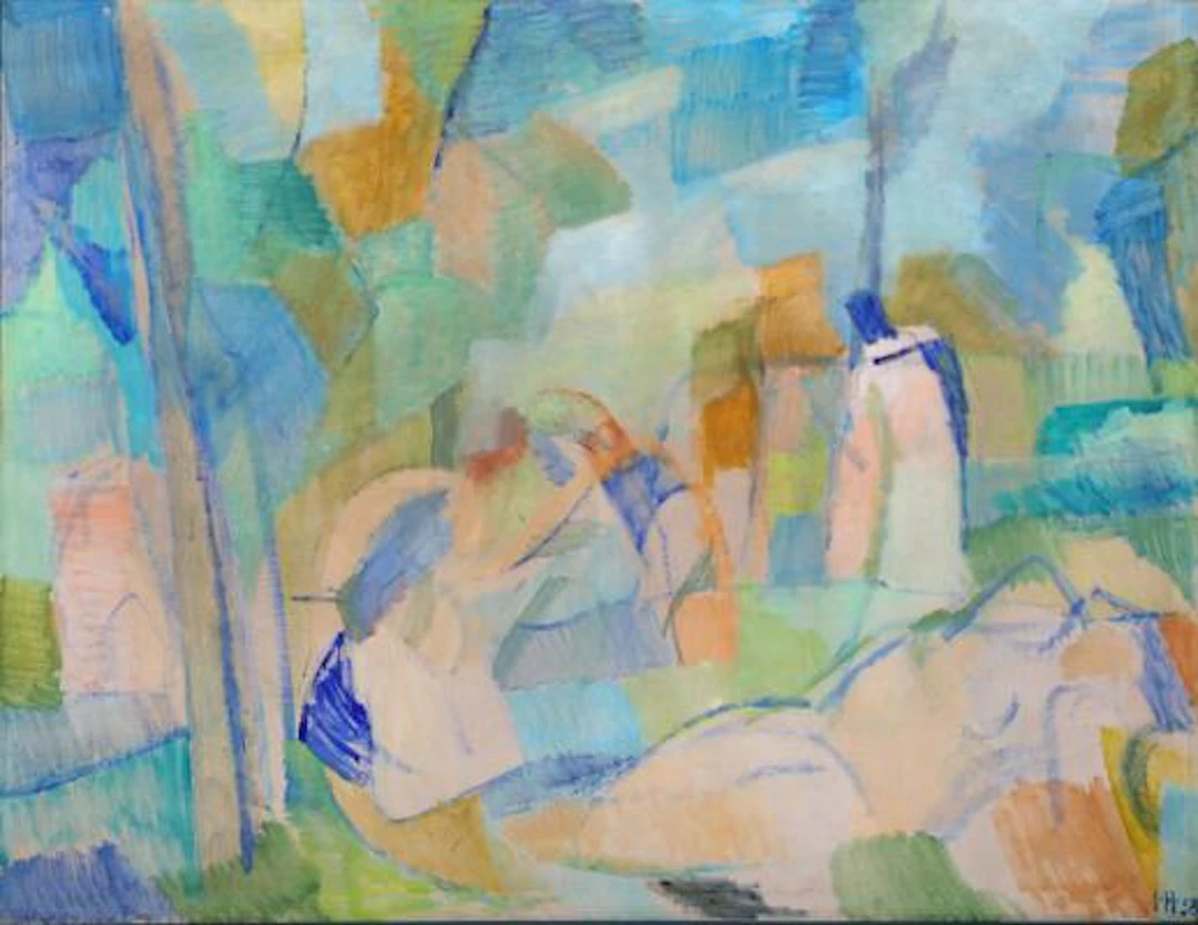 Inger Hanmann: Composition in green shades. Signed I H. 58. Oil on