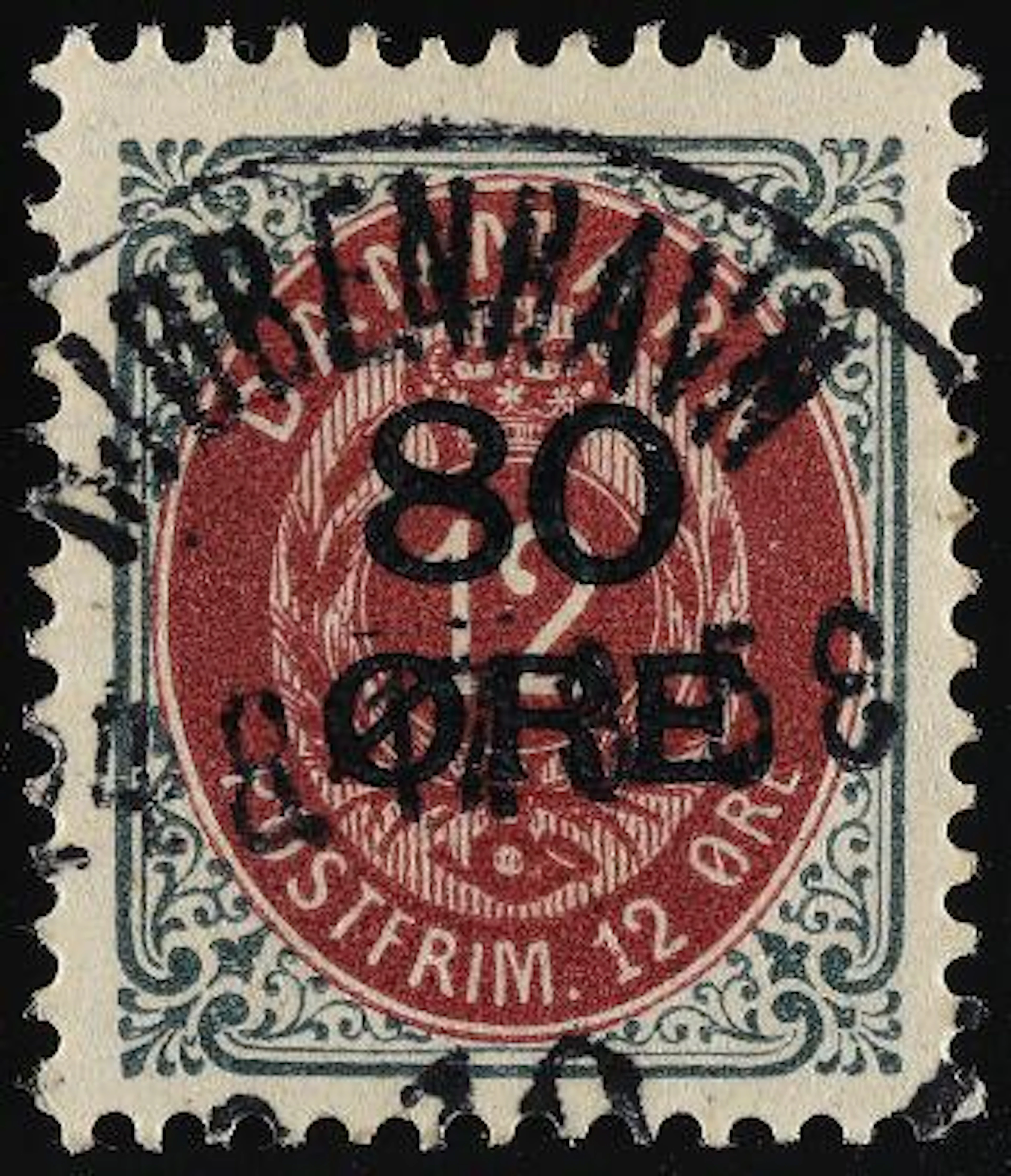 1915. Surcharge. 80/12 Øre, grey/red lilac. Pos. 51 INVERTED FRAME.