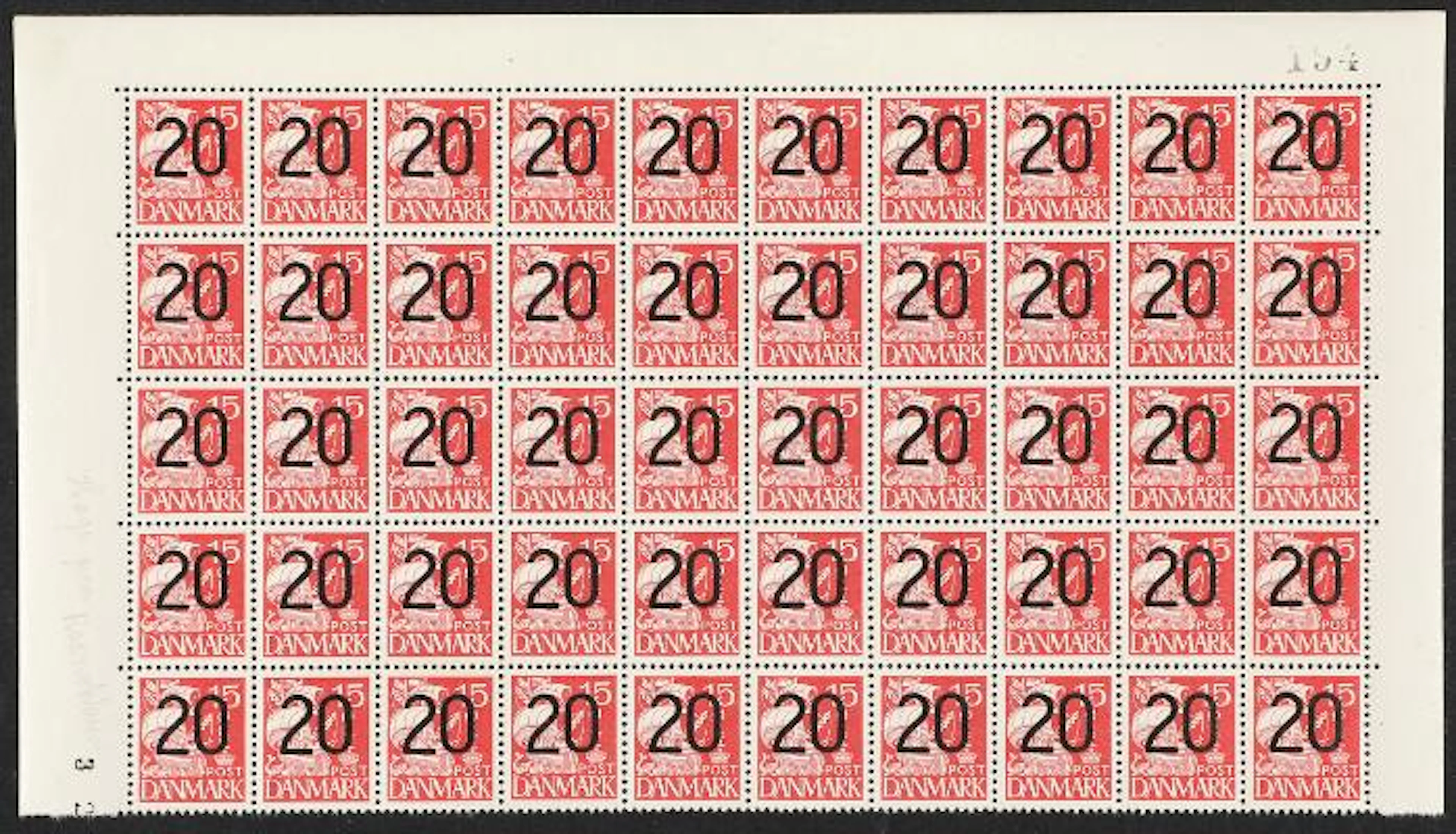 1940. Prov. 20/15 øre, red. Tp. IIA. Upper half sheet in pertfect