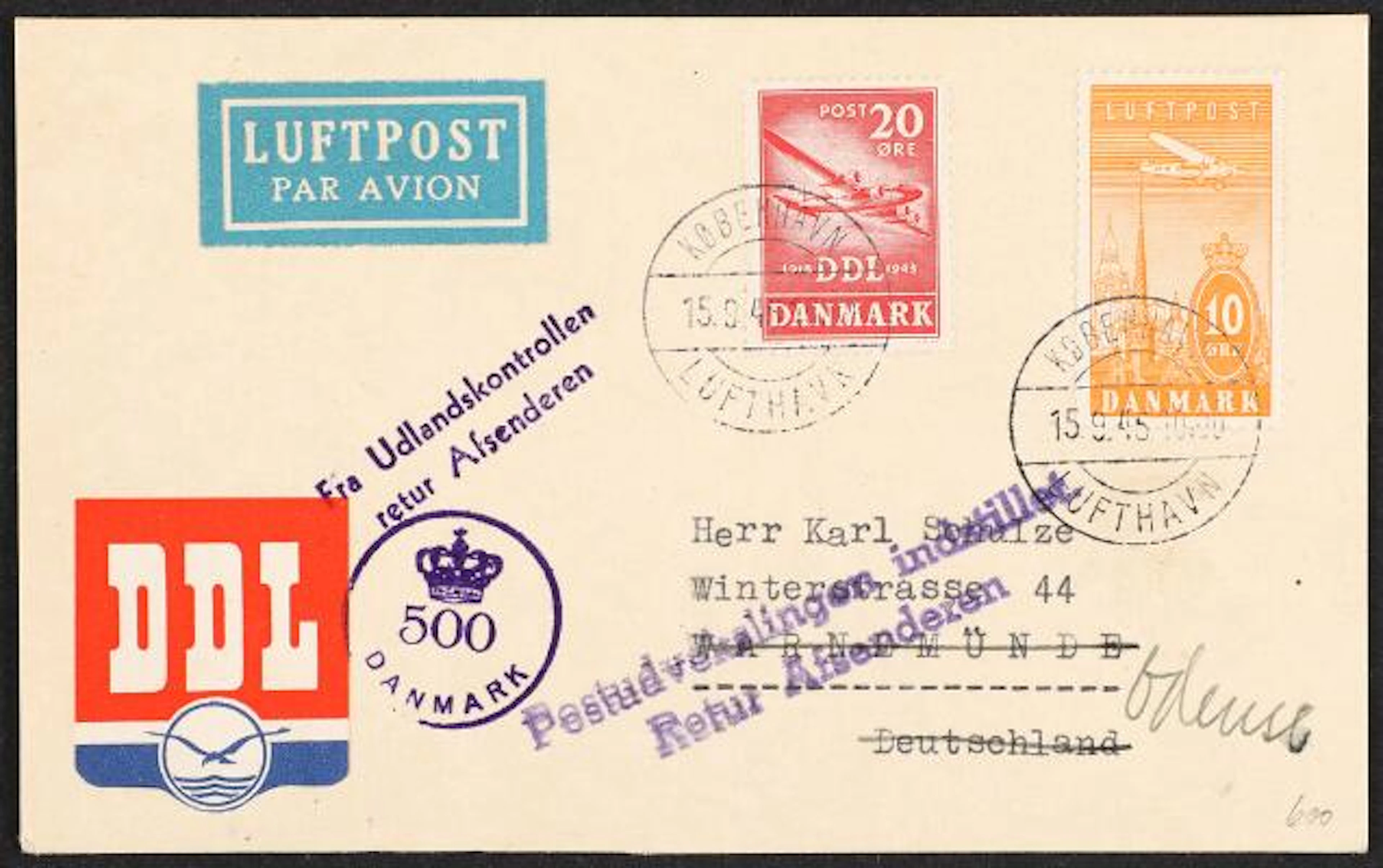 1945. Airmail postcard from København 15.9.45 to Germany with purple