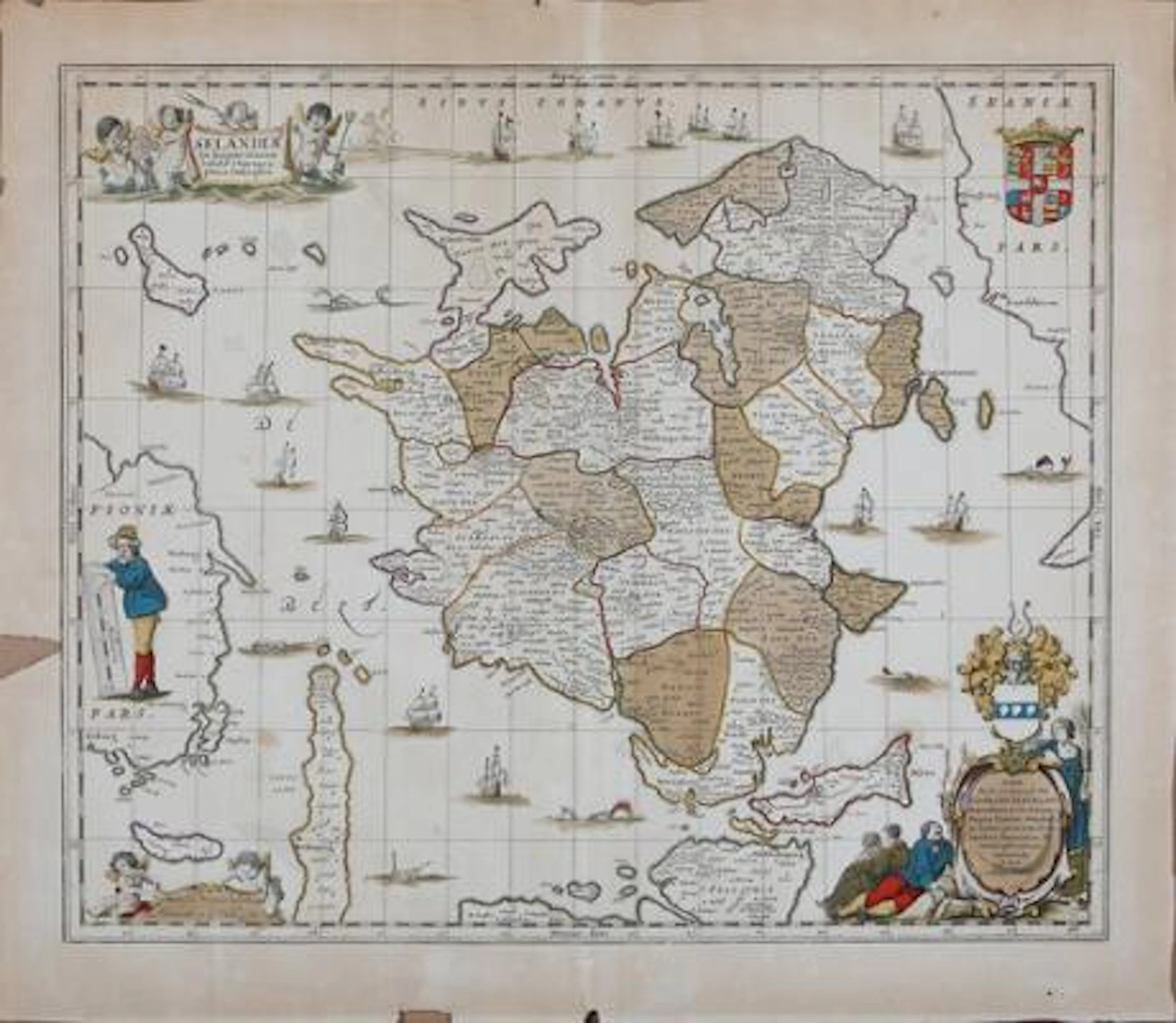 Jan Janssonius: “Selandiæ in Reno Daniæ..”. Handcoloured etched map.
