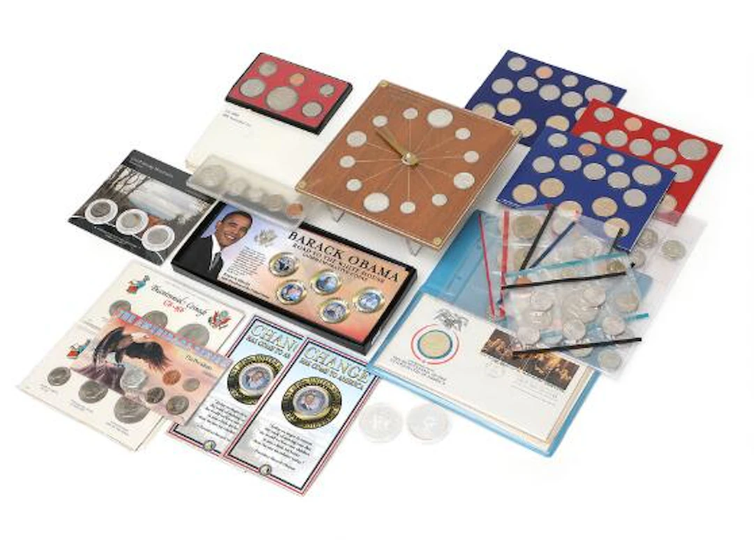USA, collection of coins and coin sets, and watch with inset coins