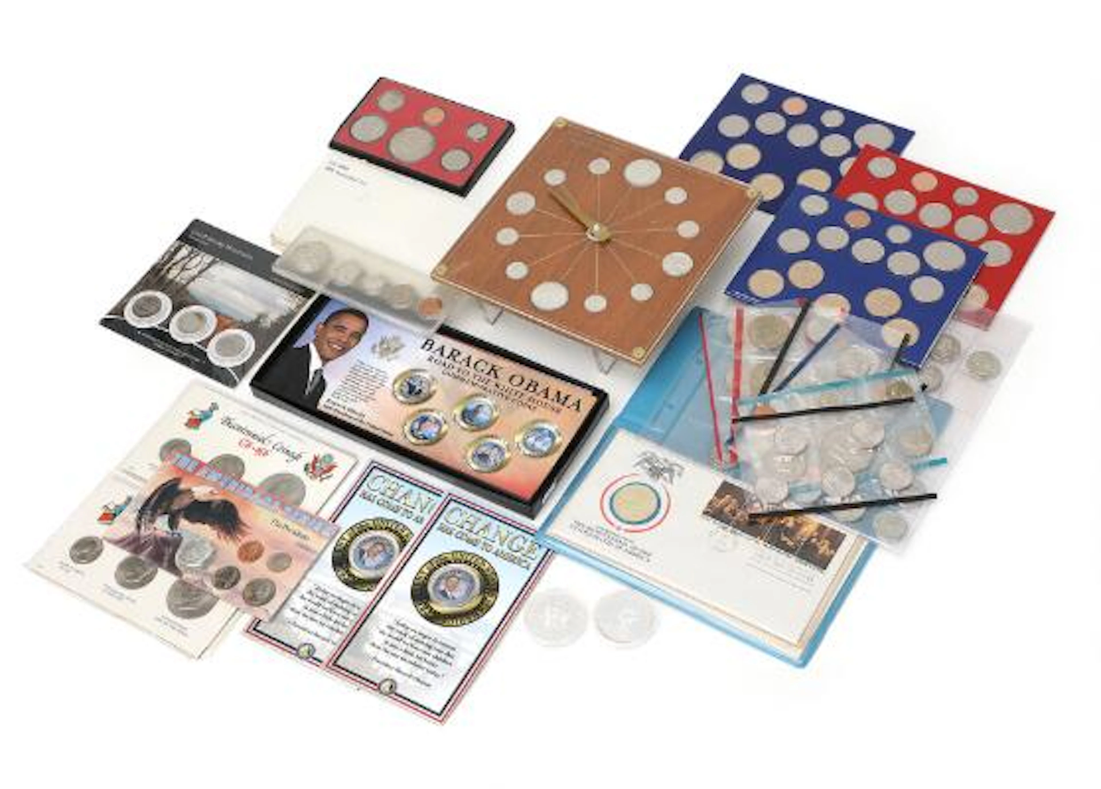 USA, collection of coins and coin sets, and watch with inset coins