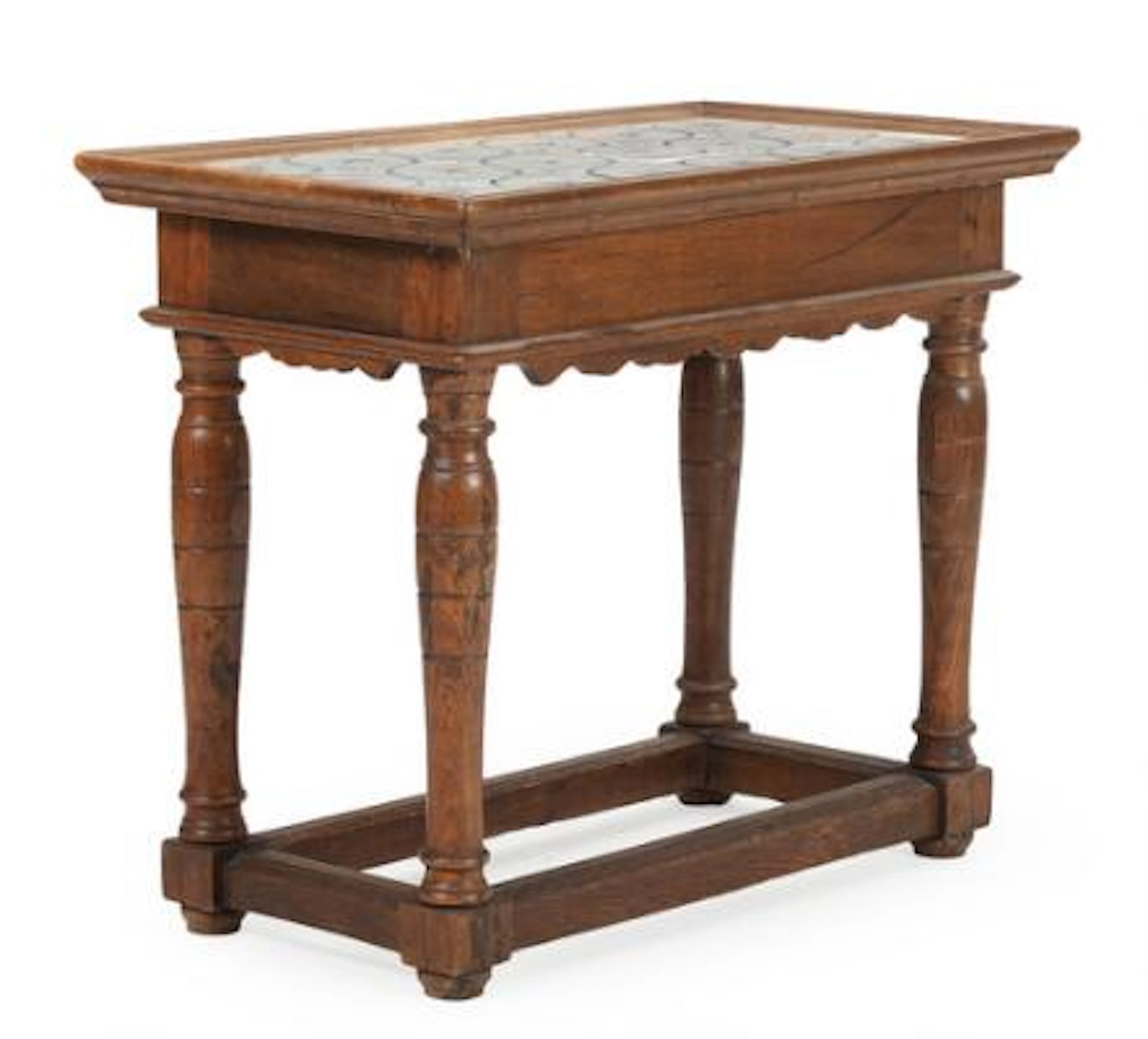 Free-standing oak console table with blue-decorated tiles depicting