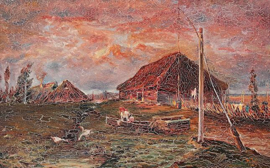 Unknown painter, 20th century: Evening scene from a village. Signed