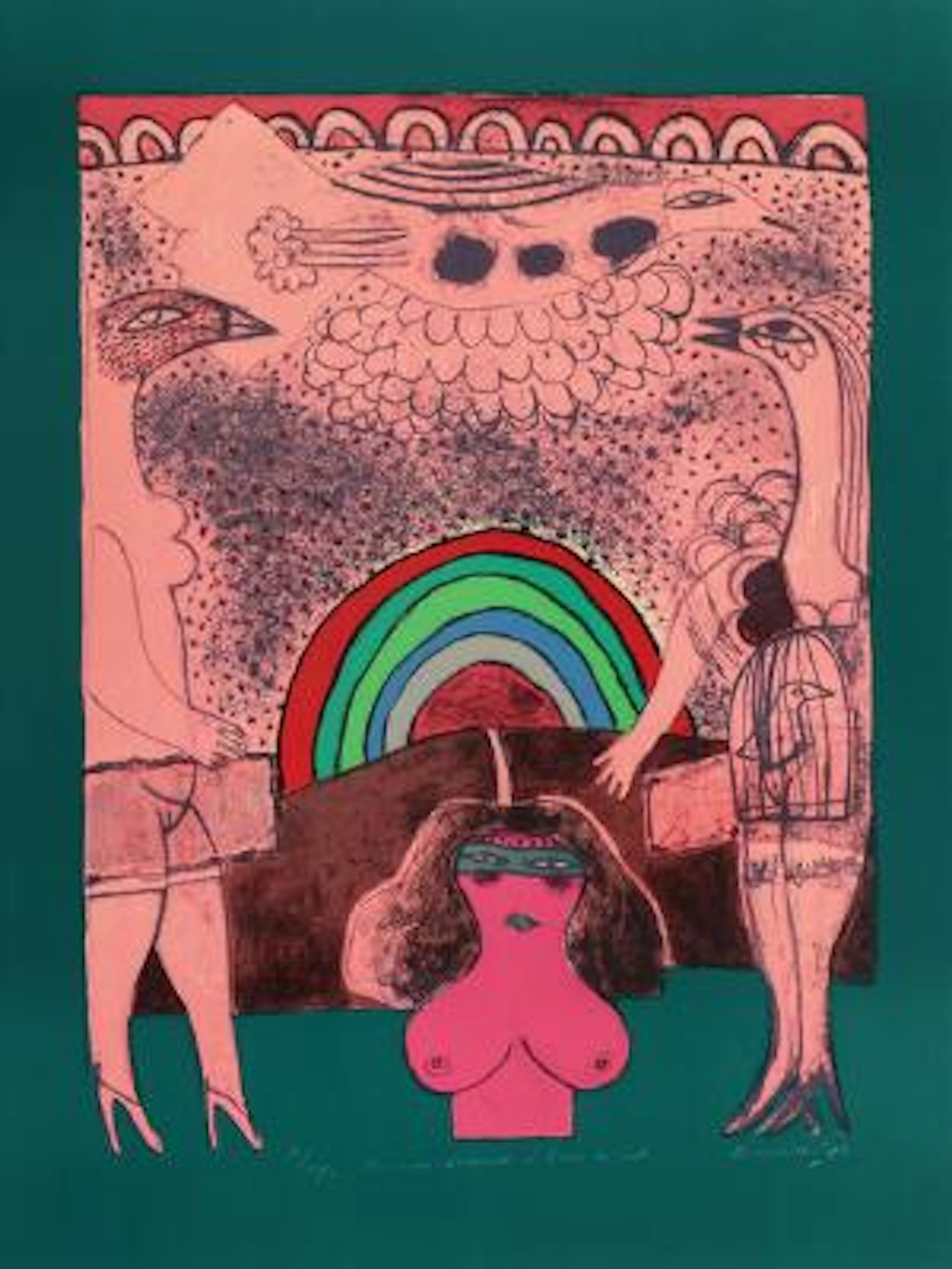 Corneille: "Femme, oiseaux á l'arc en ciel". Signed Corneille 76