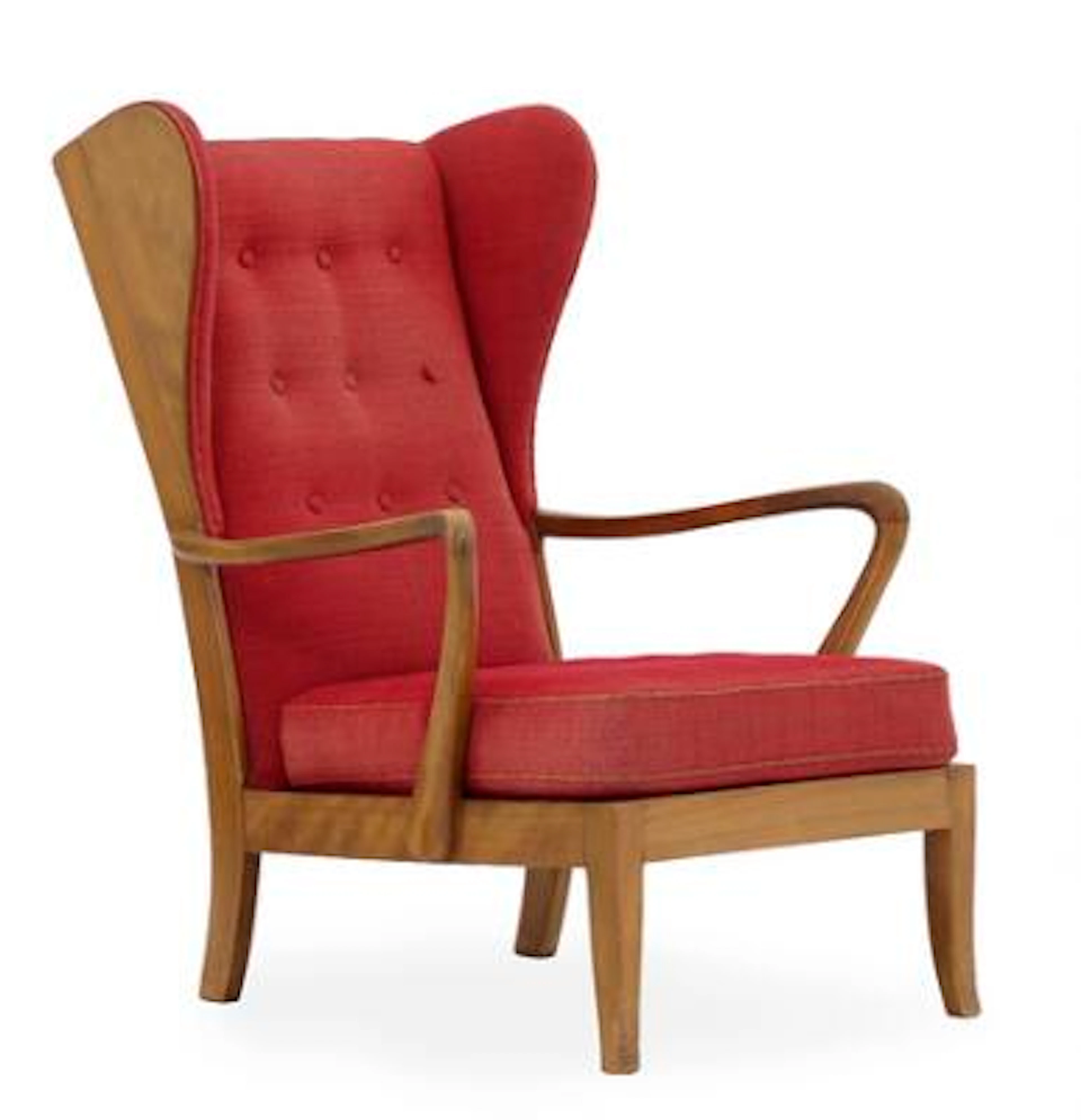 Danish cabinetmaker: Highback easy chair with stained beech frame.