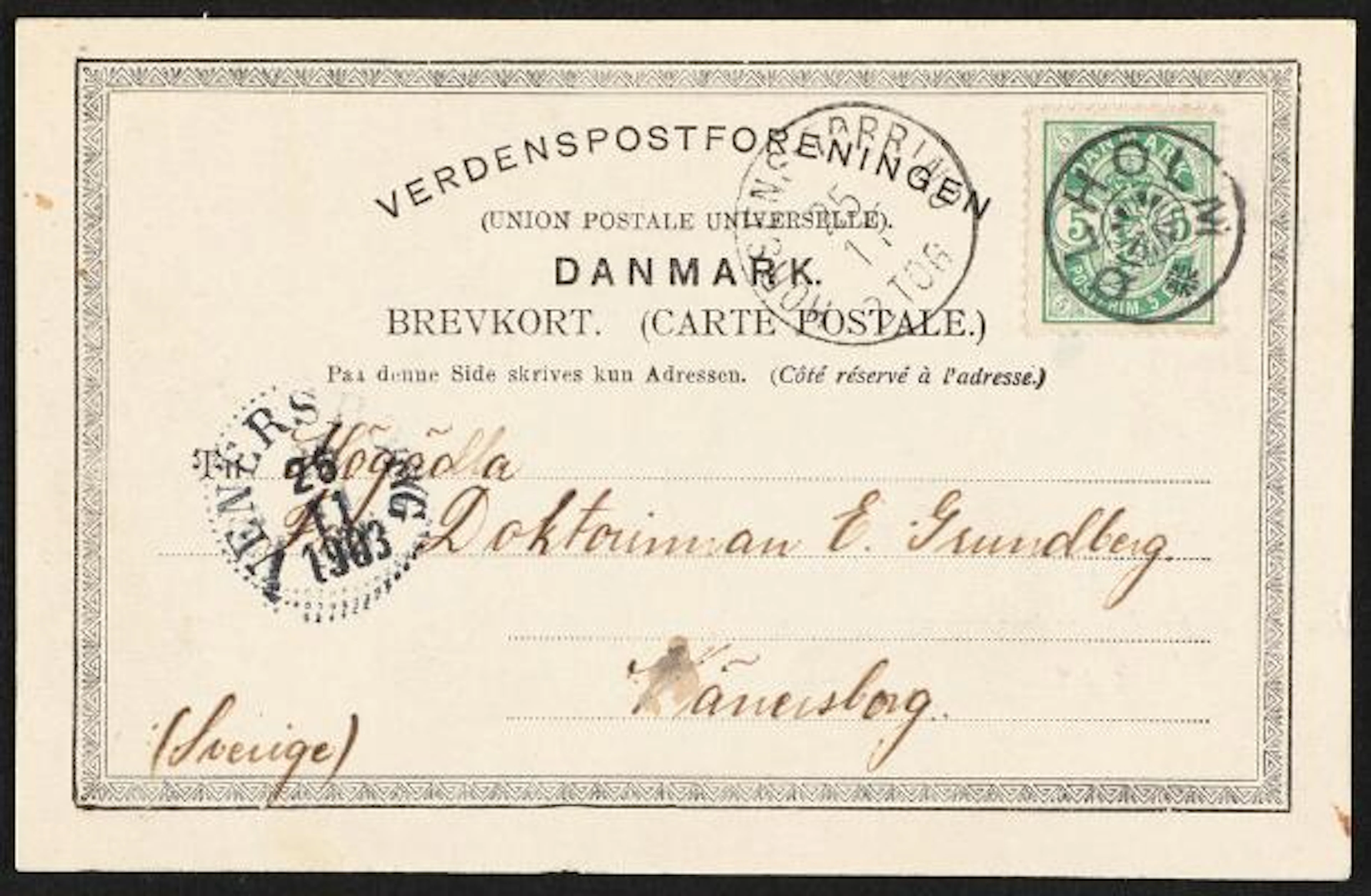 ØLHOLM. 1902. Arms. 5 Øre, green. Postcard with star canc. ØLHOLM