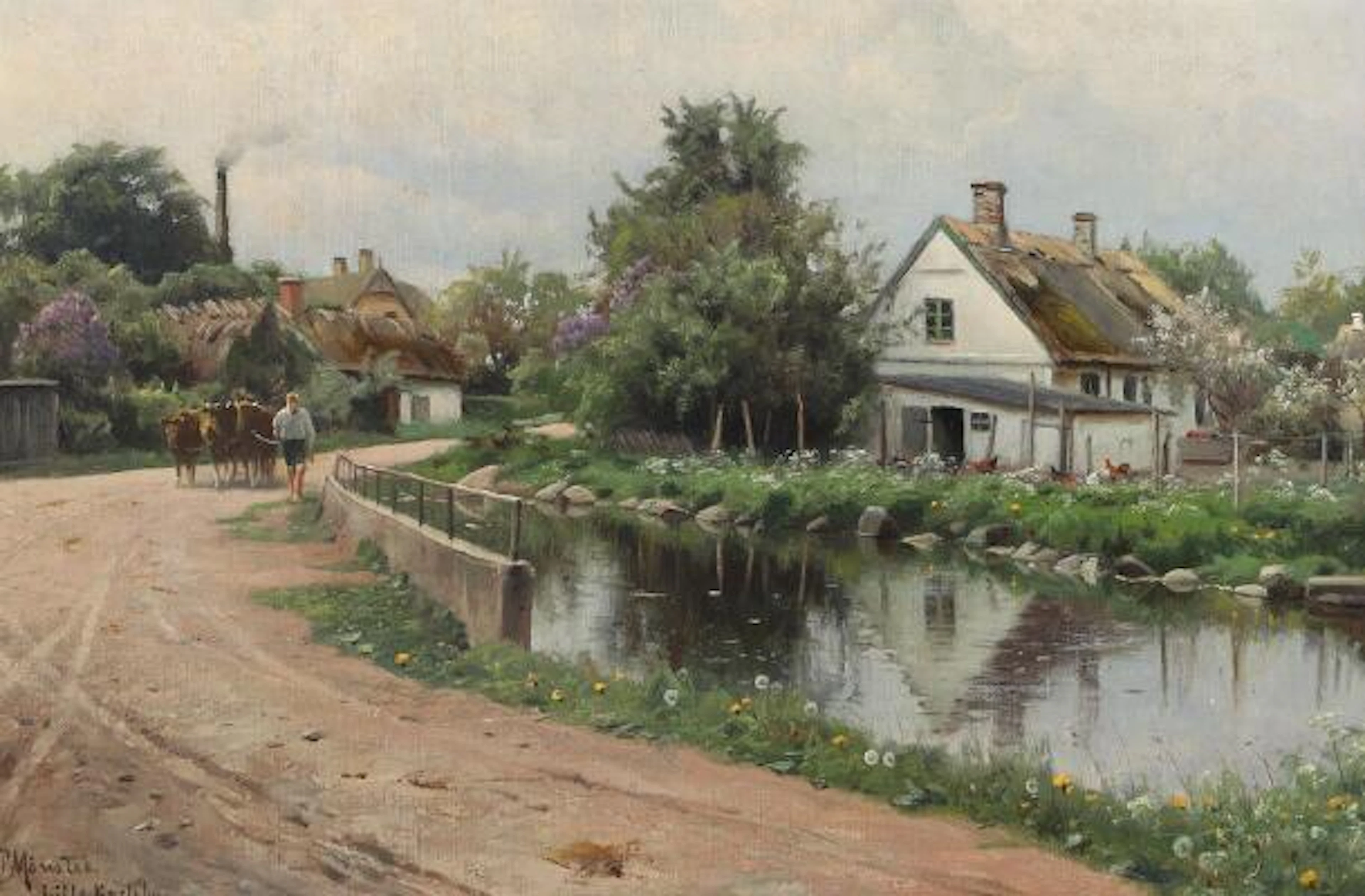Peder Mønsted: A boy herding cattle by the village pond. Signed P.