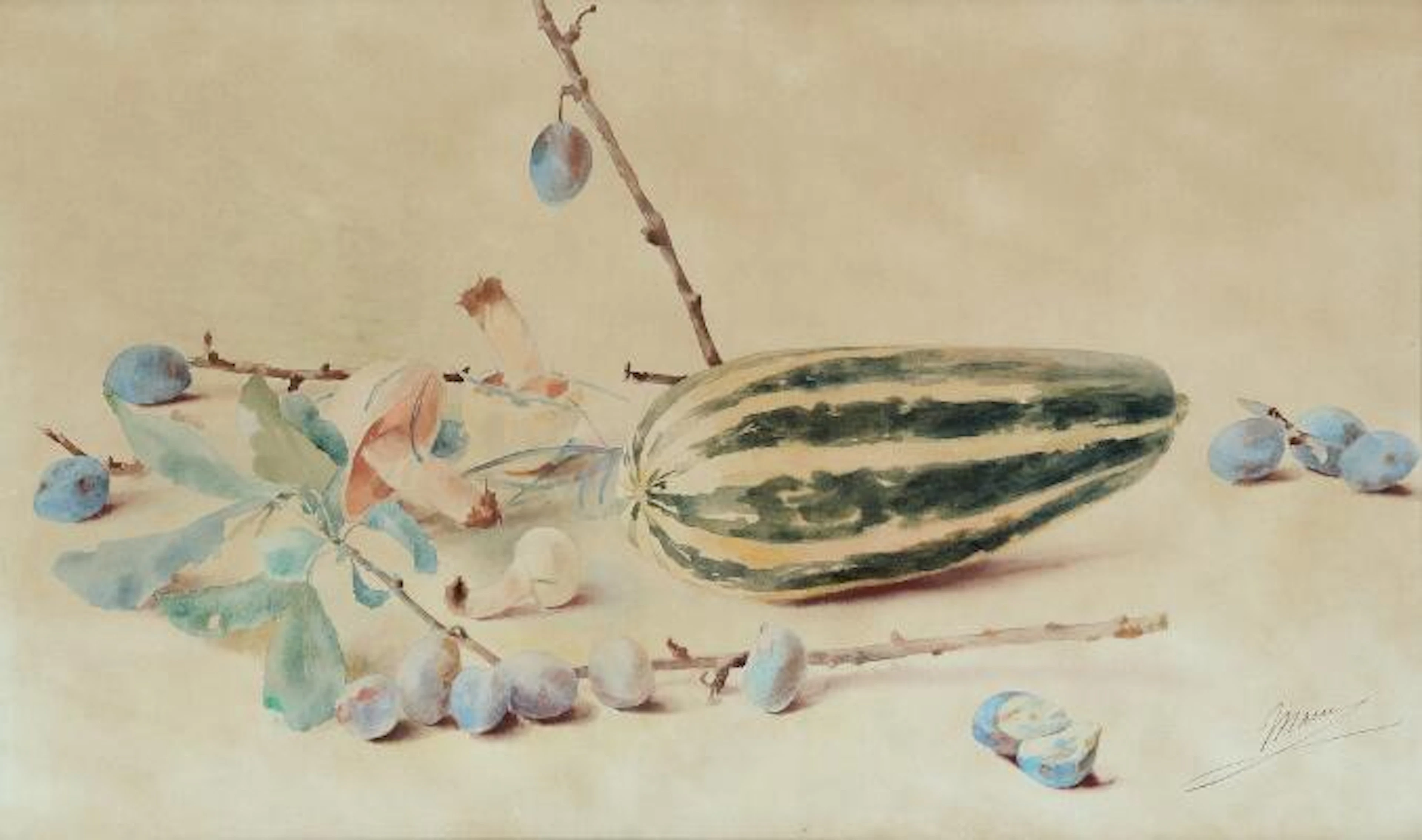 Prinsesse Marie af Danmark: Still life with pumpkin, plums and mushrooms.
