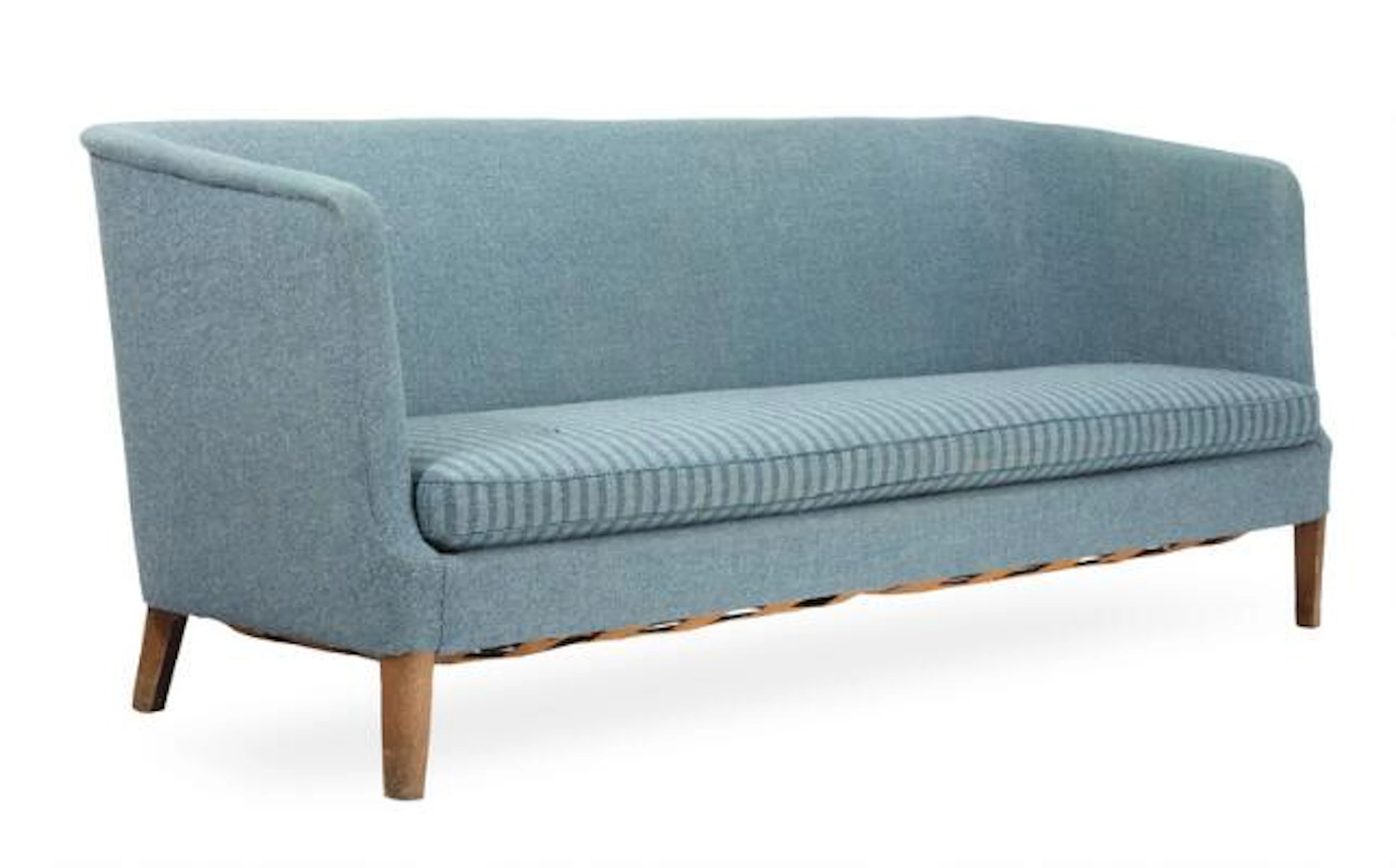 Danish cabinetmaker: Three-seater sofa upholstered in blue wool, legs