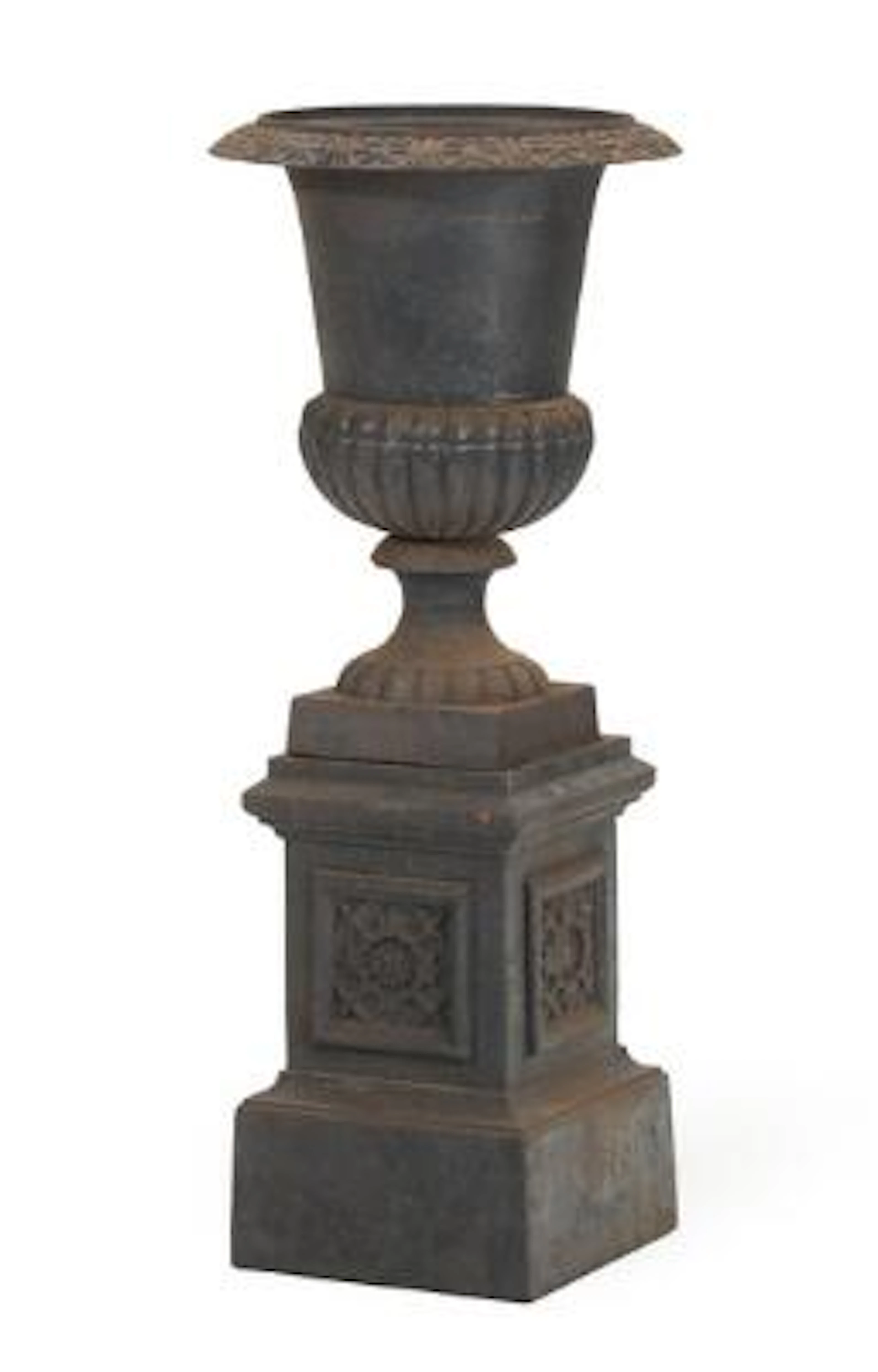 French black-painted cast iron garden vase, on a plinth. In two parts.