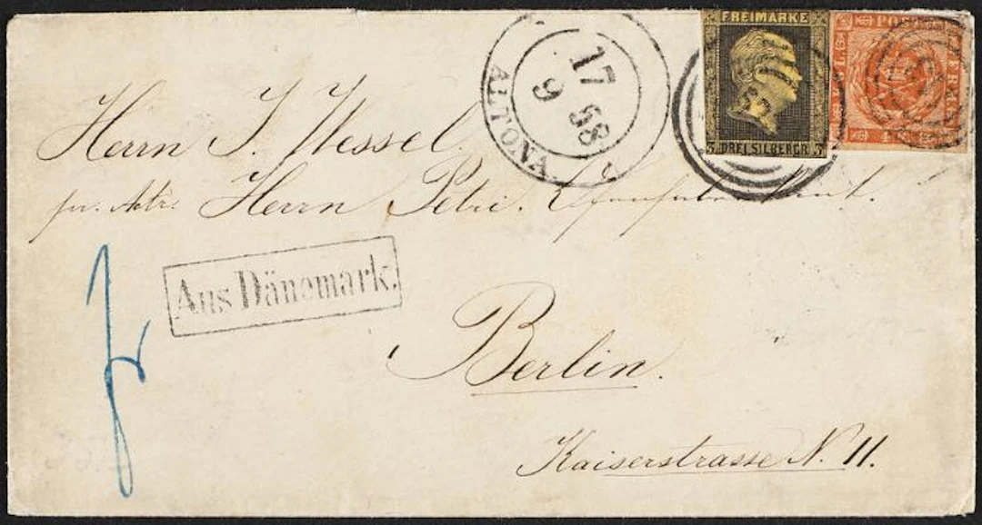 1854. 4 sk. brown and Preussia, 3 Silbergroschen, black/yellow. Mixed